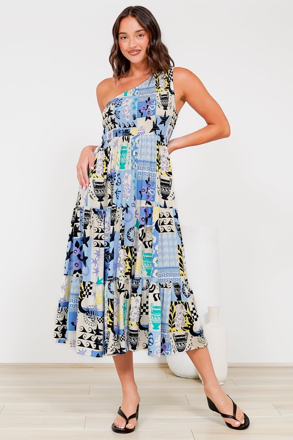 Suzzie Midi Dress - One Shoulder Elasticated Bodice Tiered Dress in Belma Print