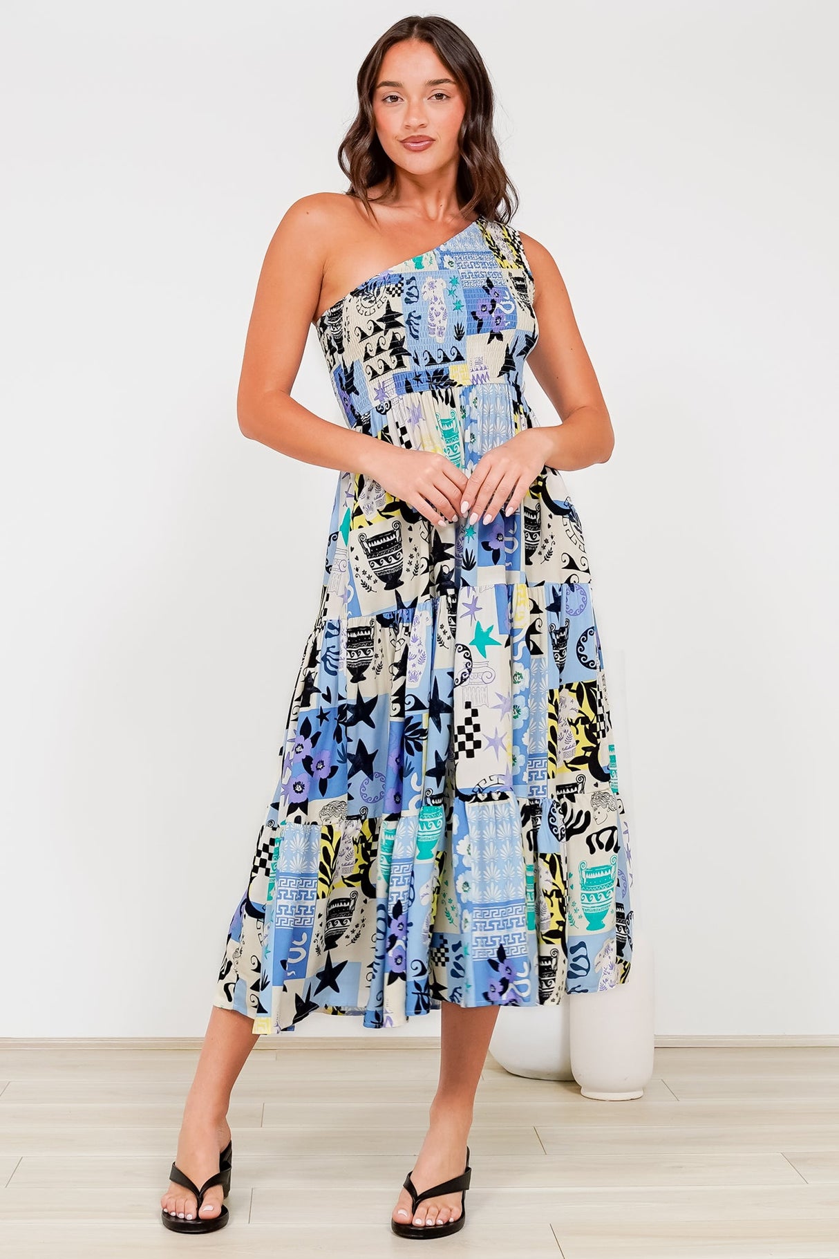 Suzzie Midi Dress - One Shoulder Elasticated Bodice Tiered Dress in Belma Print