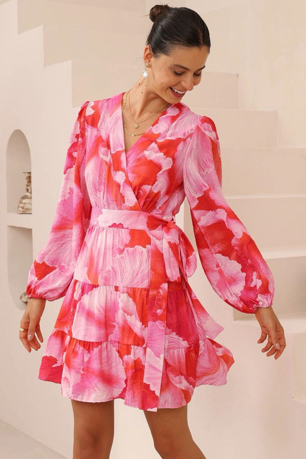 Sybil Mini Dress - Wrap A Line Dress with Long Balloon Sleeves in Greta Print