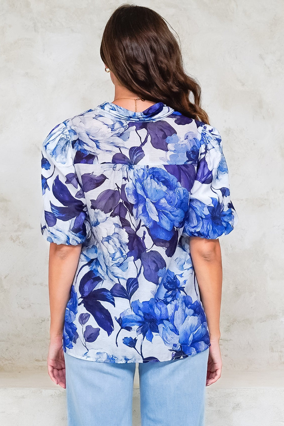 Sylvie Blouse - Pleated Mandarin Collar Button Front Short Sleeve Blouse in Primrose Print Blue