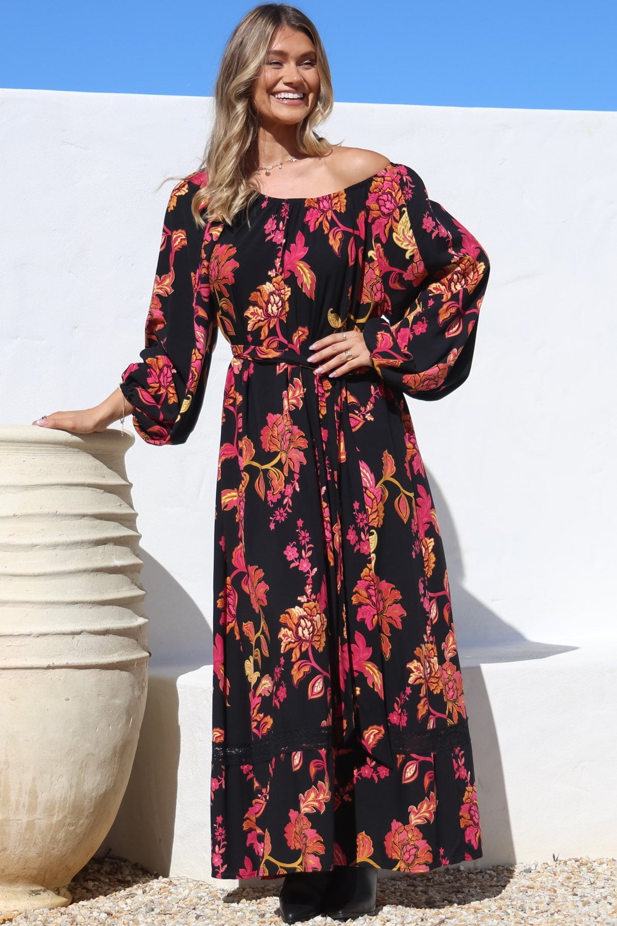 Tai Maxi Dress - On or Off Shoulder Dress with Matching Belt in Valerie Print