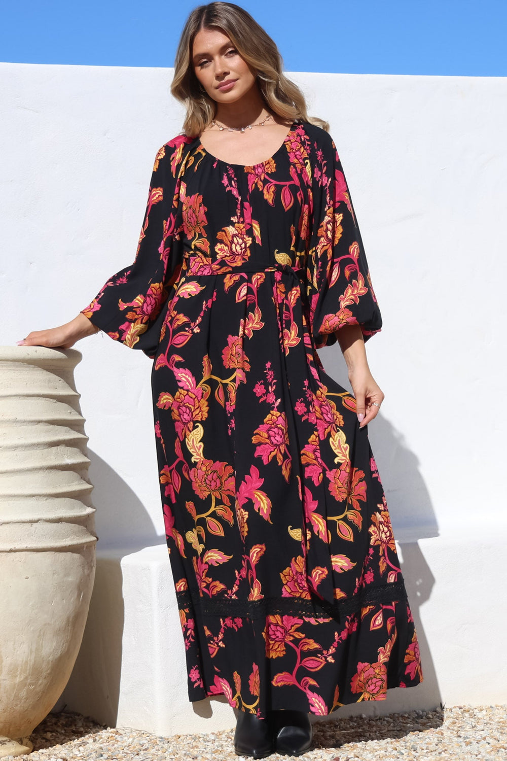 Tai Maxi Dress - On or Off Shoulder Dress with Matching Belt in Valerie Print