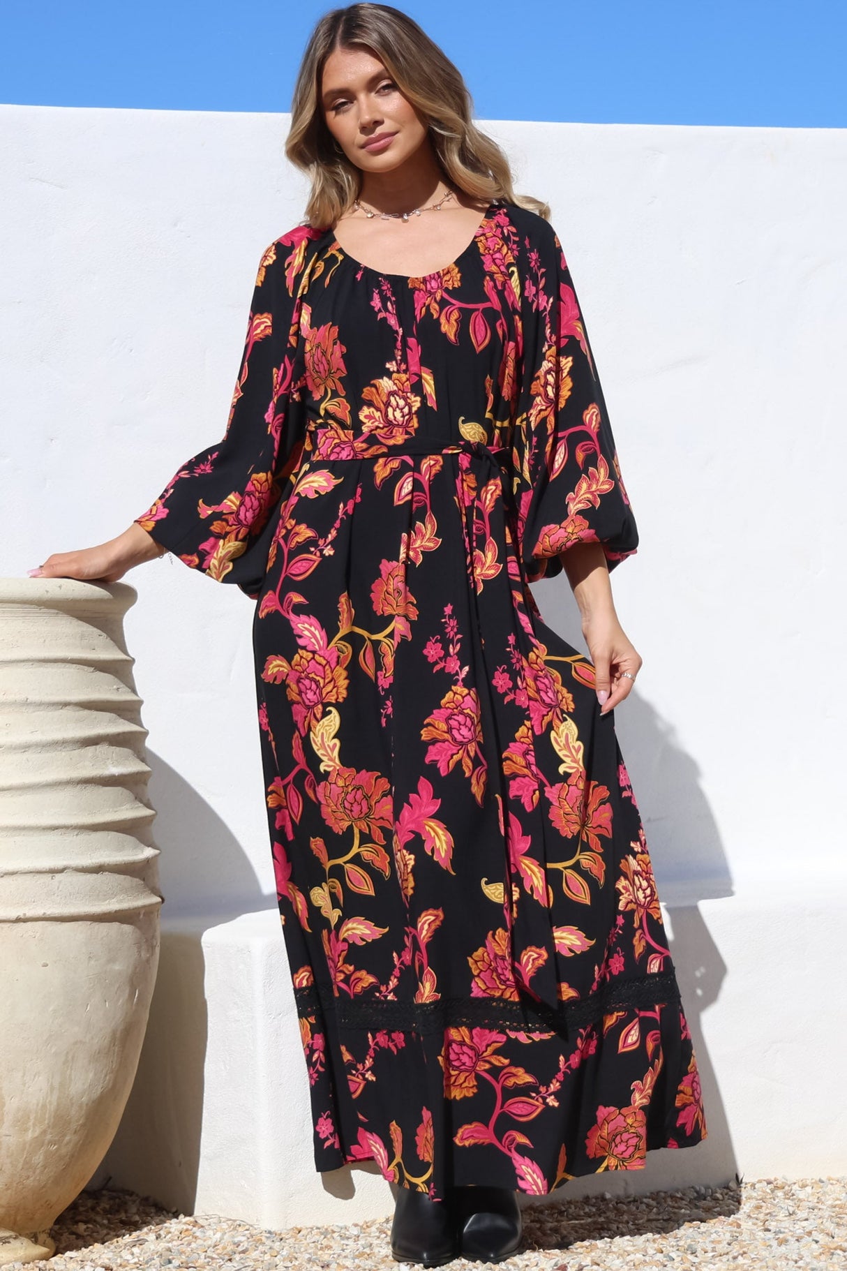 Tai Maxi Dress - On or Off Shoulder Dress with Matching Belt in Valerie Print