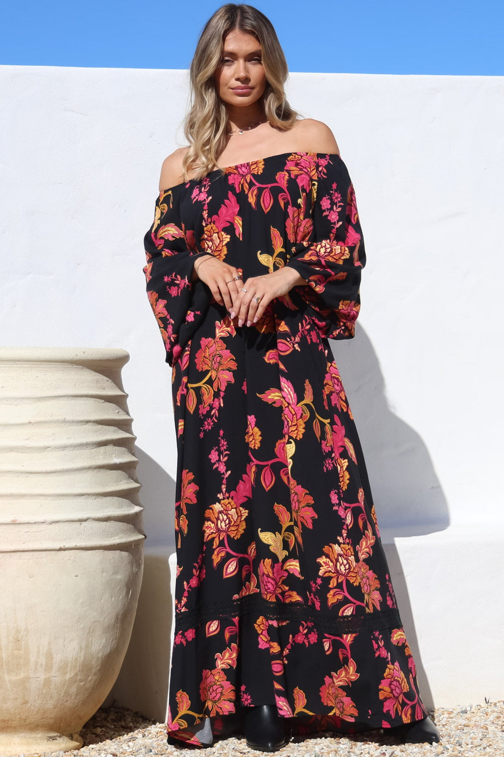 Tai Maxi Dress - On or Off Shoulder Dress with Matching Belt in Valerie Print