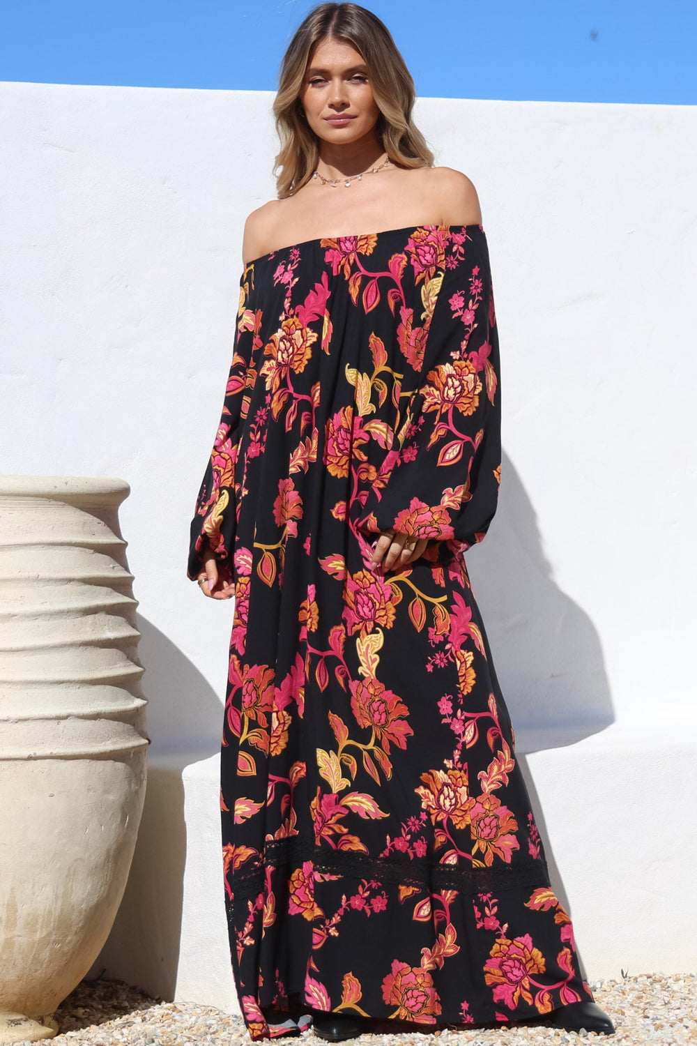 Tai Maxi Dress - On or Off Shoulder Dress with Matching Belt in Valerie Print