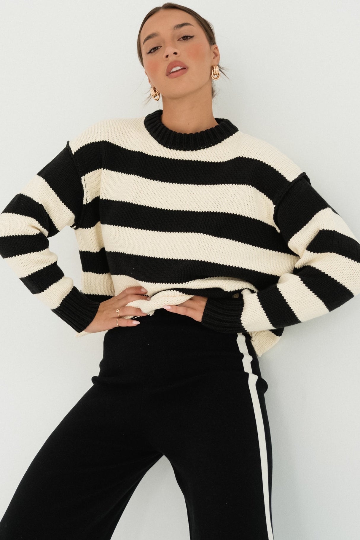 Tania Jumper - Crew Neck Stripe Balloon Sleeve Jumper in Black/Cream