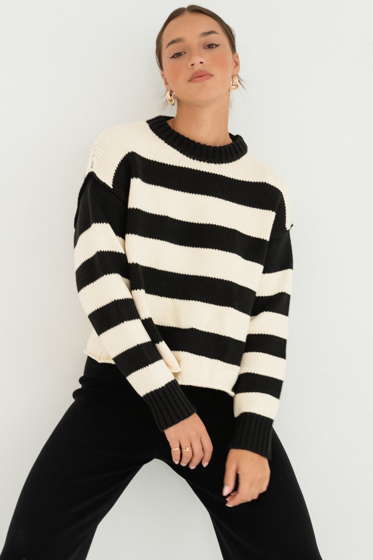 Tania Jumper - Crew Neck Stripe Balloon Sleeve Jumper in Black/Cream