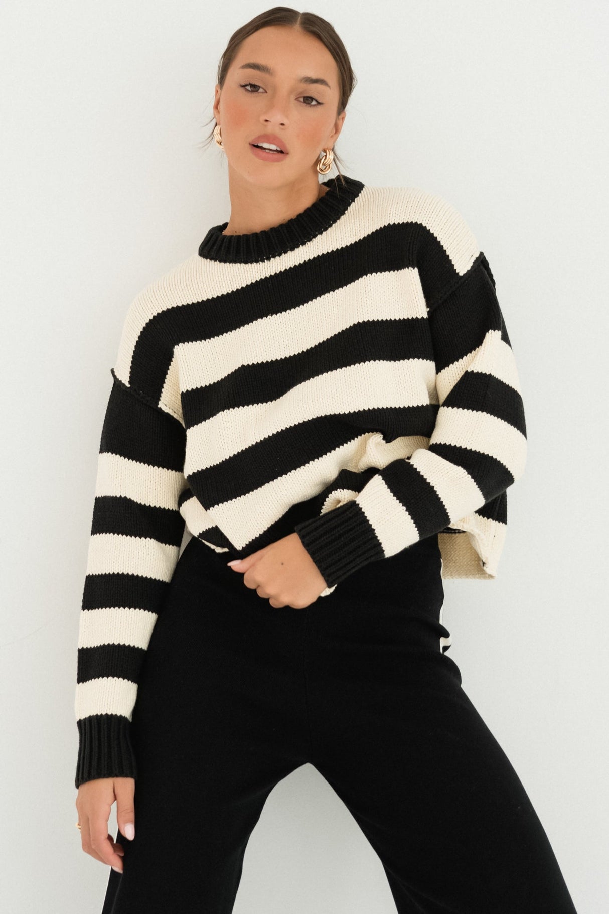 Tania Jumper - Crew Neck Stripe Balloon Sleeve Jumper in Black/Cream