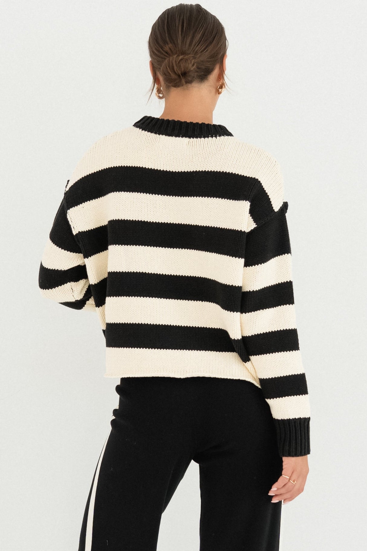 Tania Jumper - Crew Neck Stripe Balloon Sleeve Jumper in Black/Cream