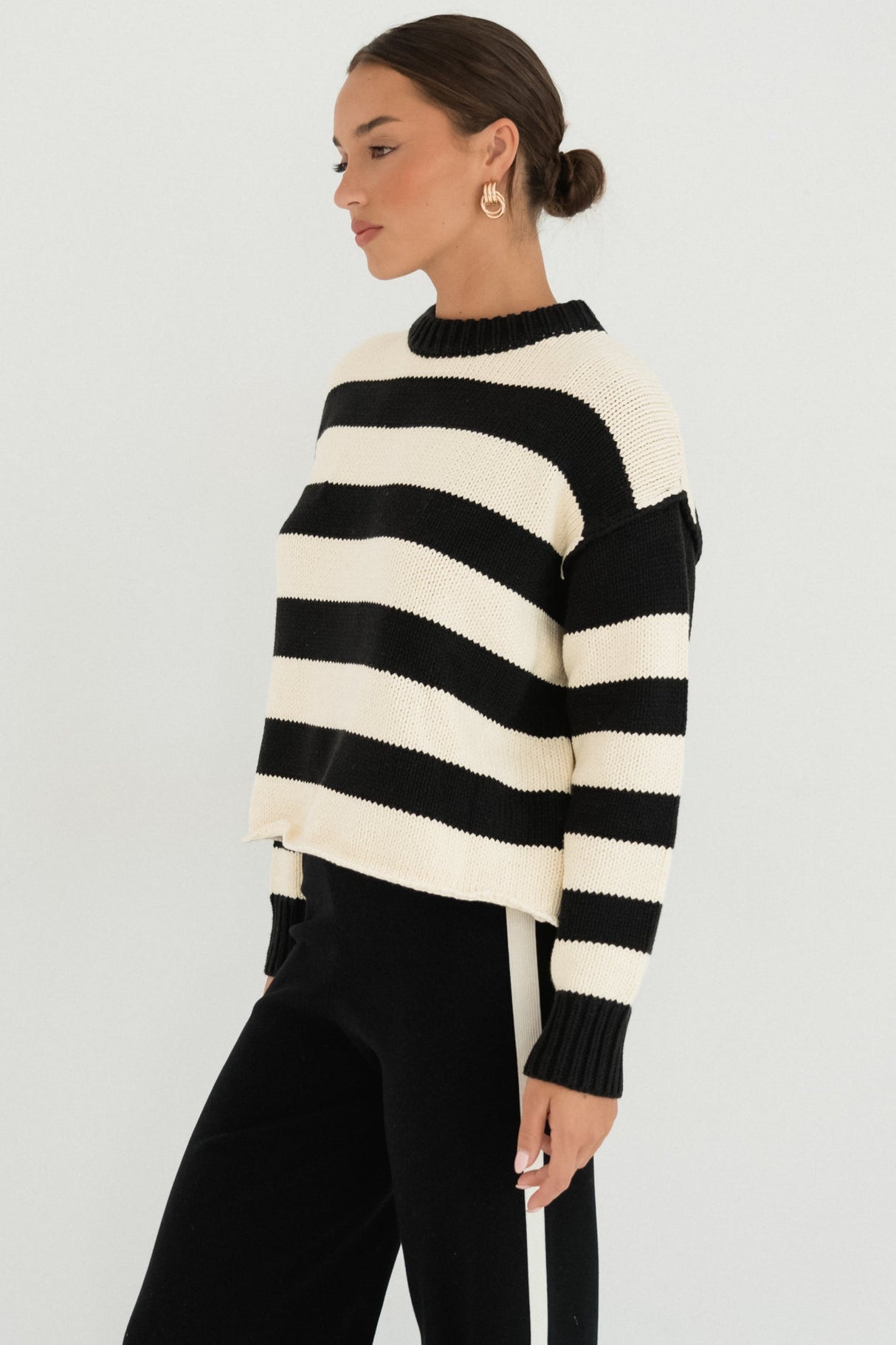Tania Jumper - Crew Neck Stripe Balloon Sleeve Jumper in Black/Cream