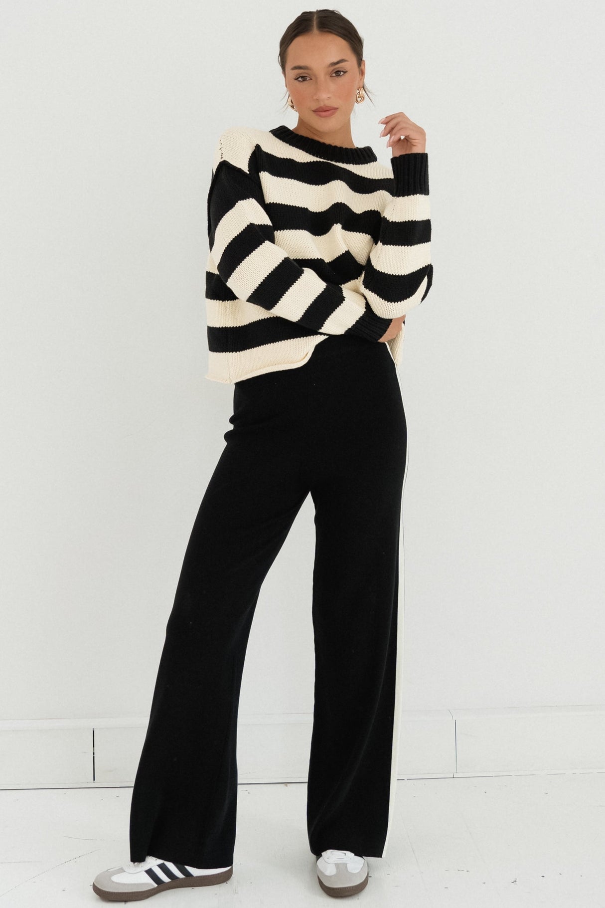 Tania Jumper - Crew Neck Stripe Balloon Sleeve Jumper in Black/Cream