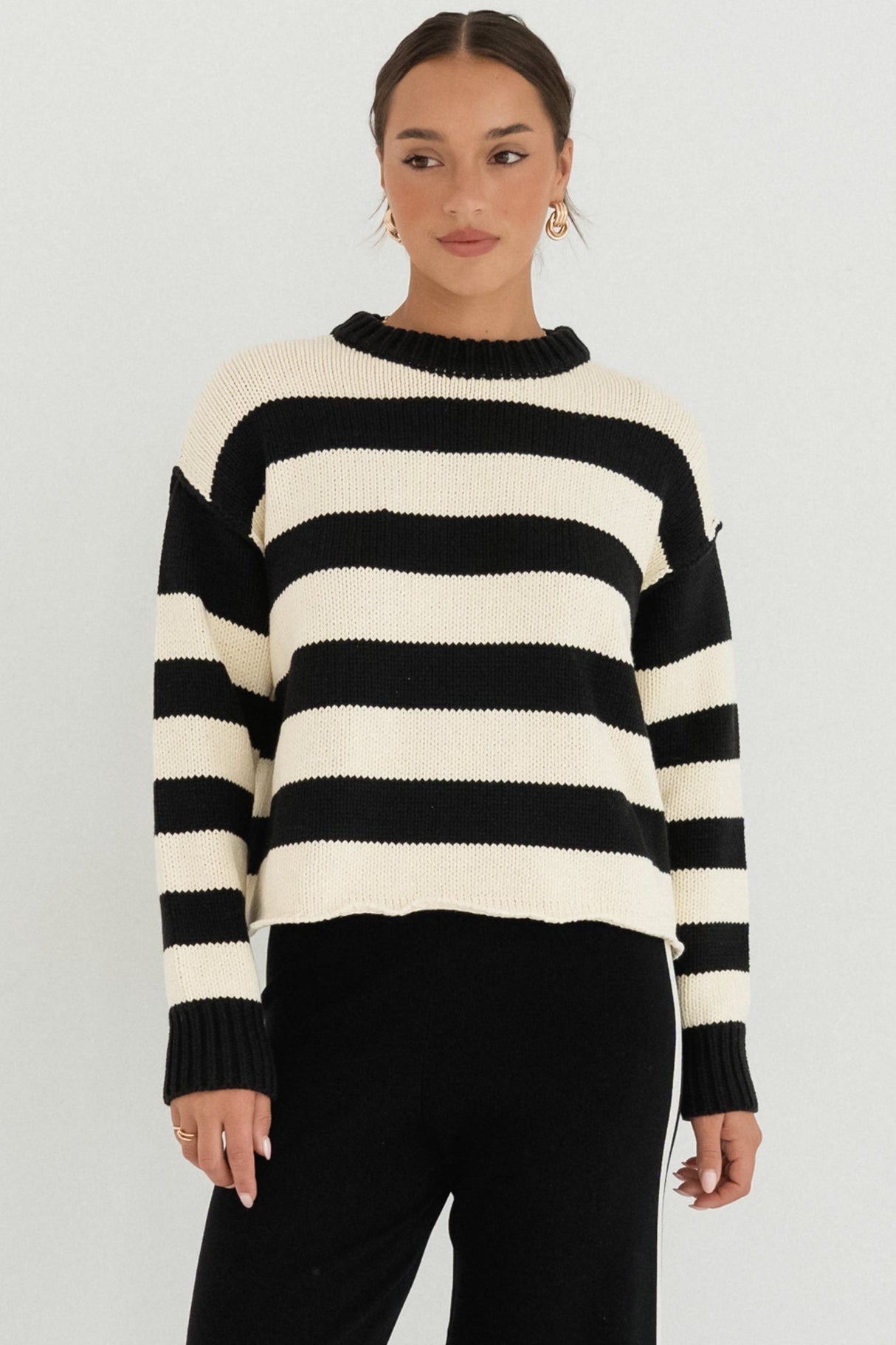 Tania Jumper - Crew Neck Stripe Balloon Sleeve Jumper in Black/Cream