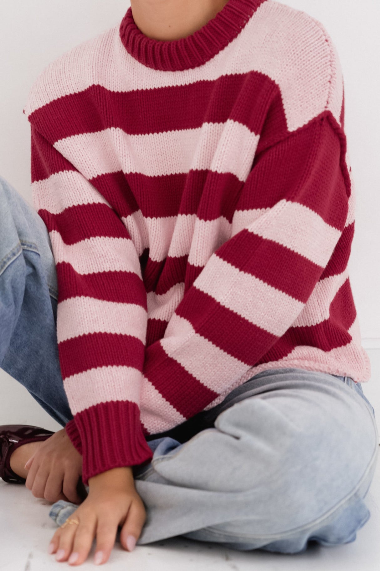 Tania Jumper - Crew Neck Stripe Balloon Sleeve Jumper in Pink/Red