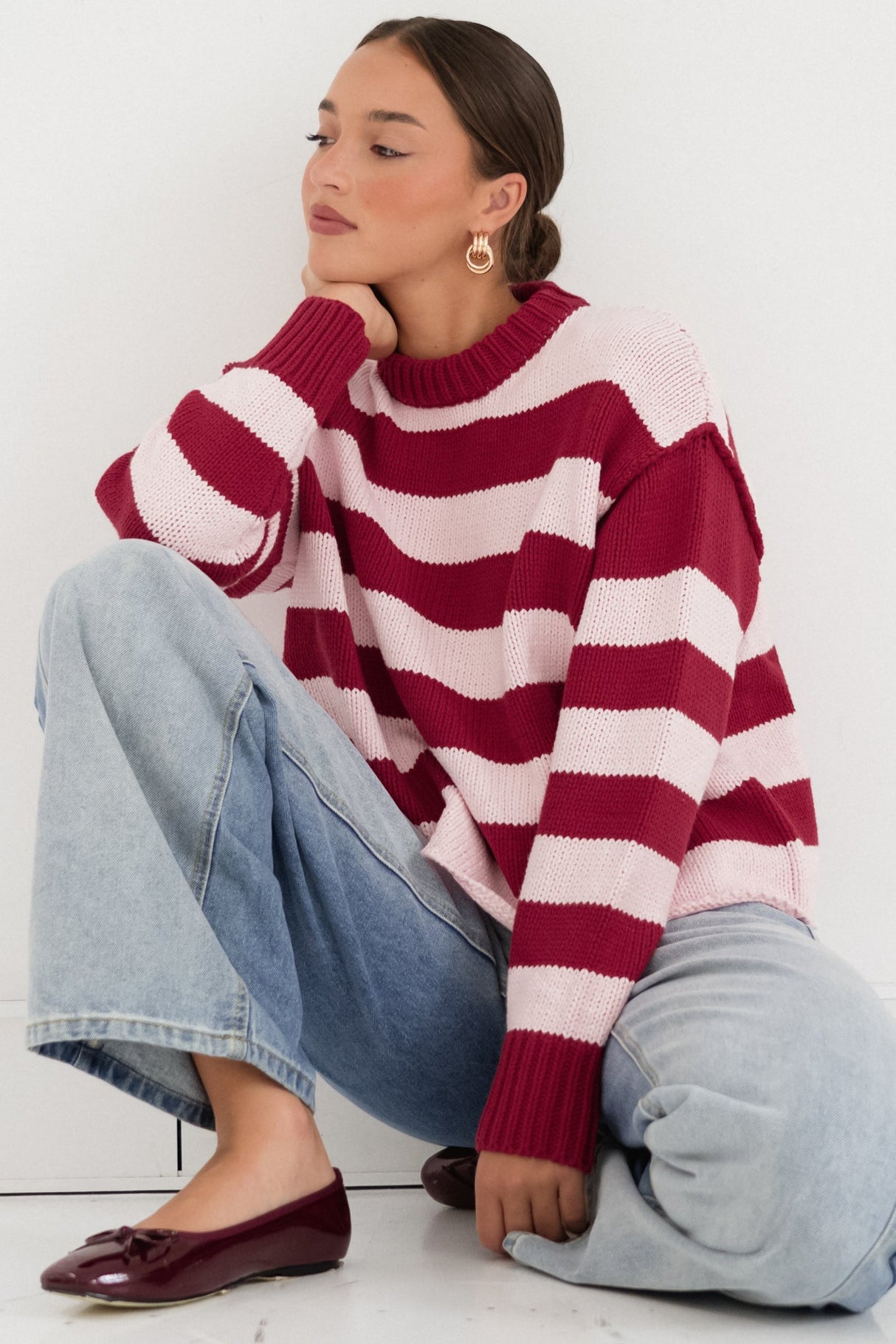 Tania Jumper - Crew Neck Stripe Balloon Sleeve Jumper in Pink/Red