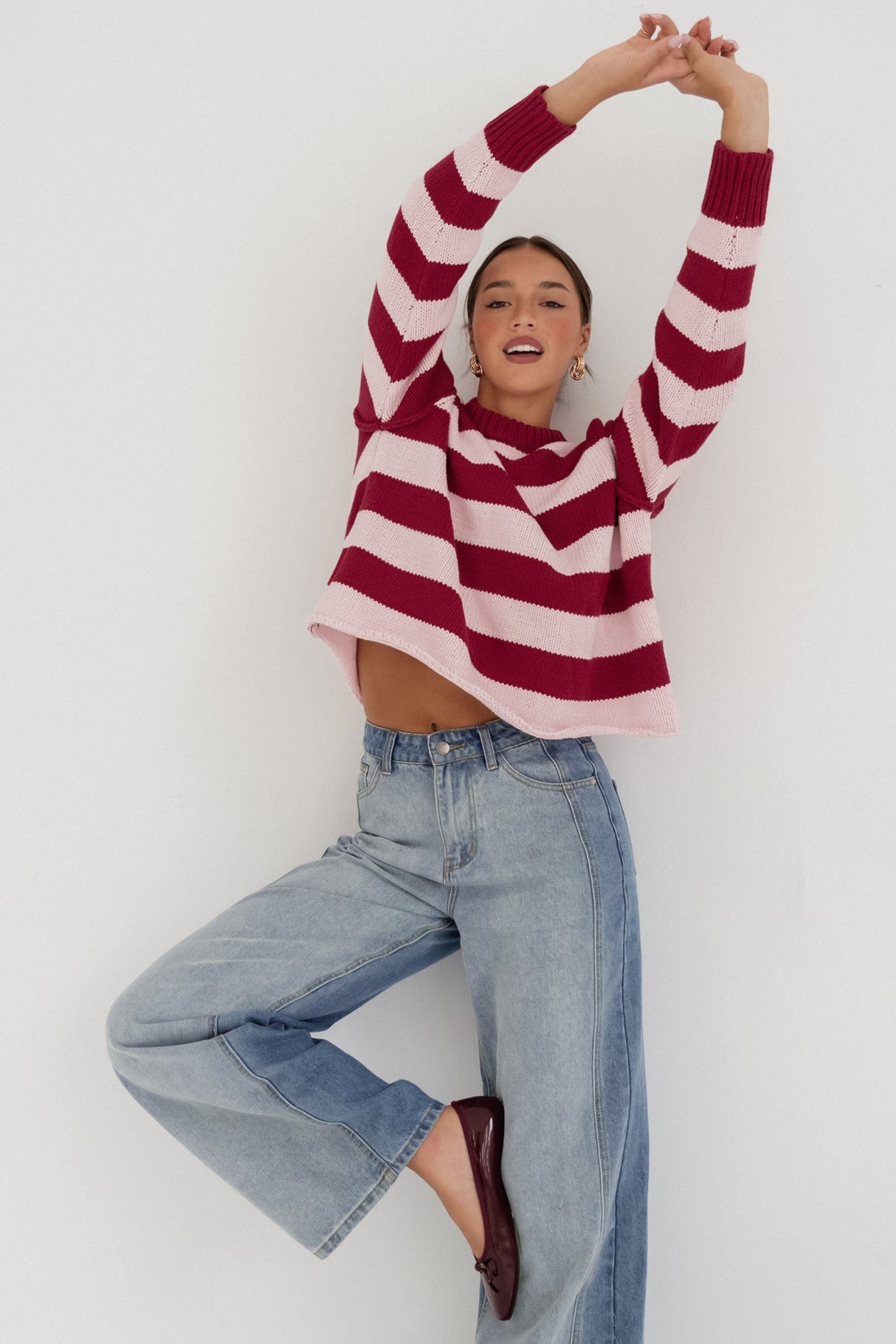 Tania Jumper - Crew Neck Stripe Balloon Sleeve Jumper in Pink/Red