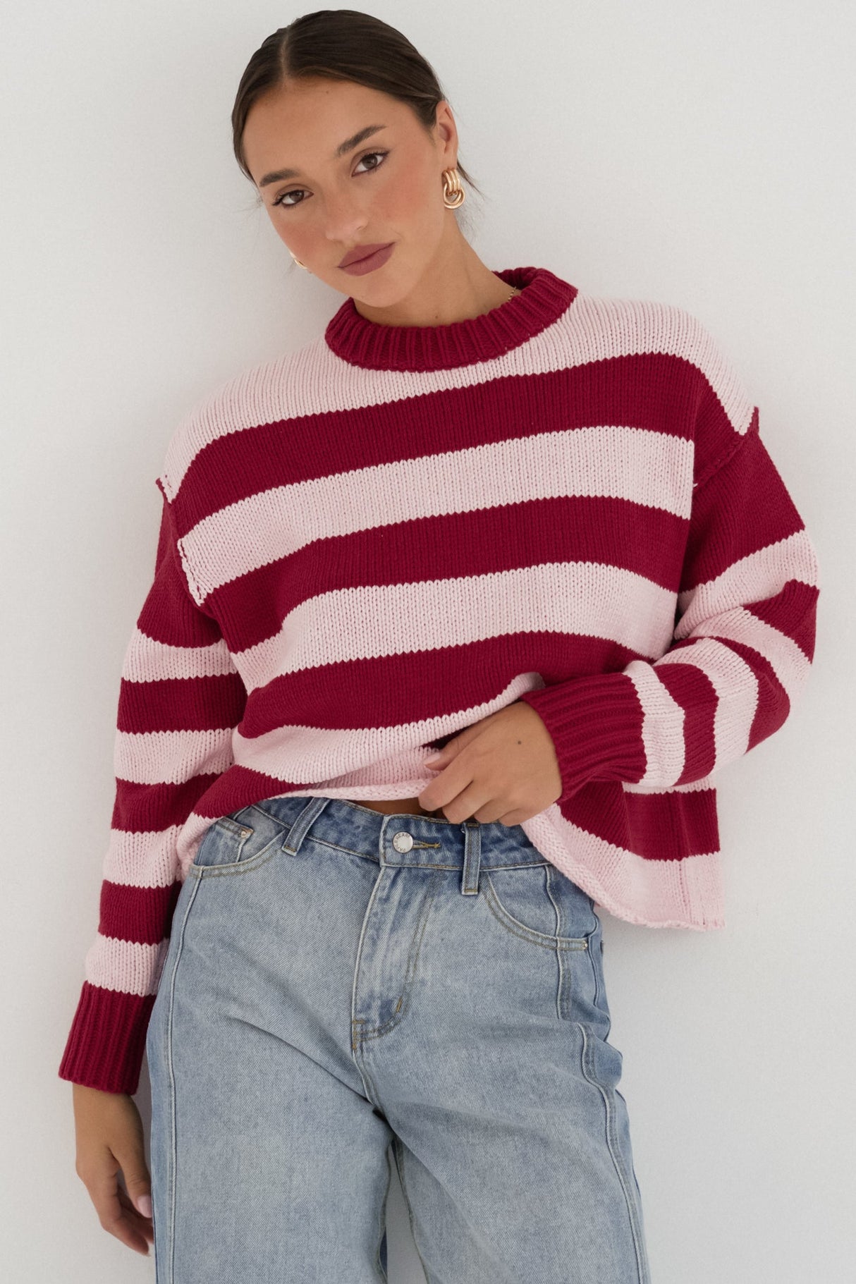 Tania Jumper - Crew Neck Stripe Balloon Sleeve Jumper in Pink/Red