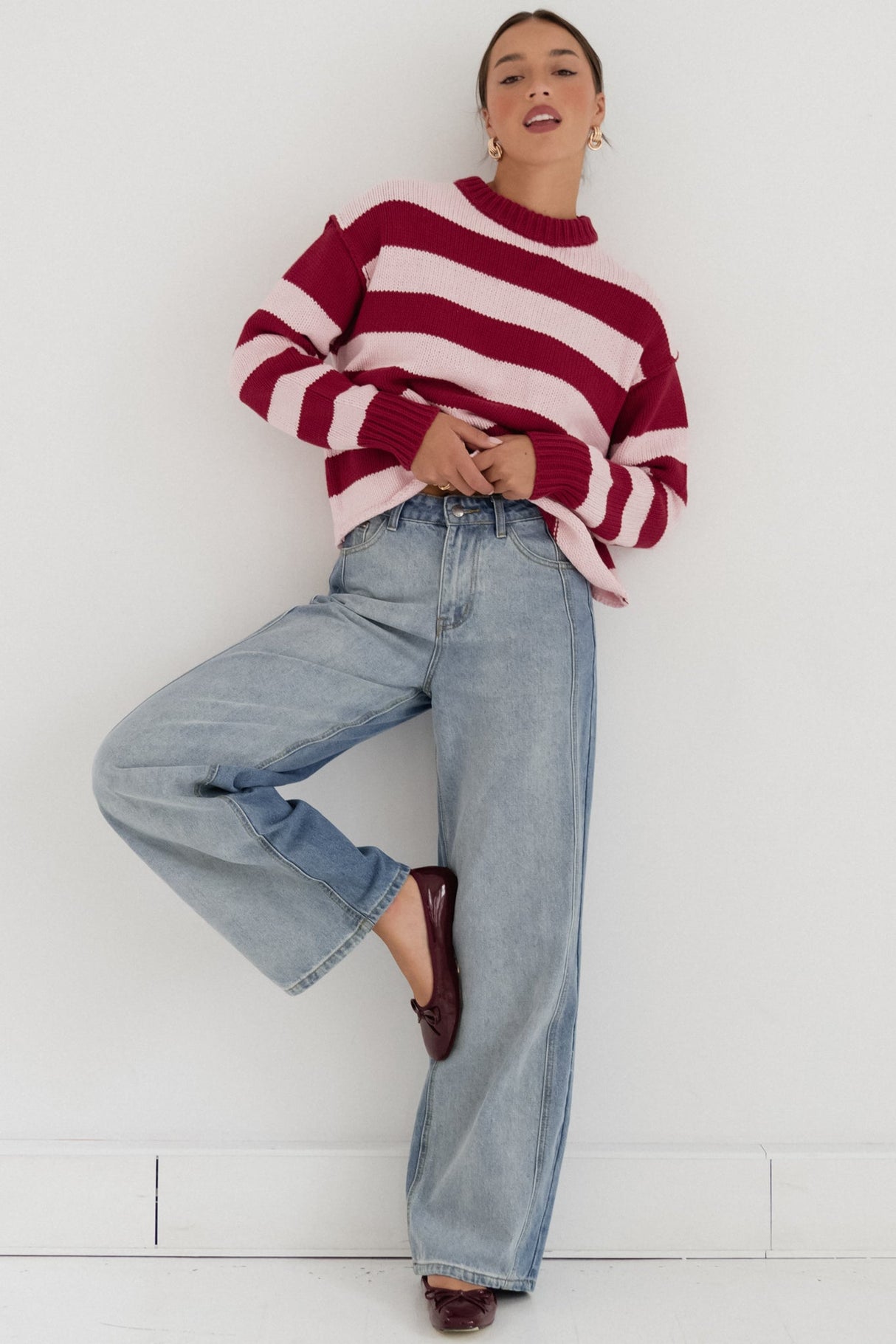 Tania Jumper - Crew Neck Stripe Balloon Sleeve Jumper in Pink/Red