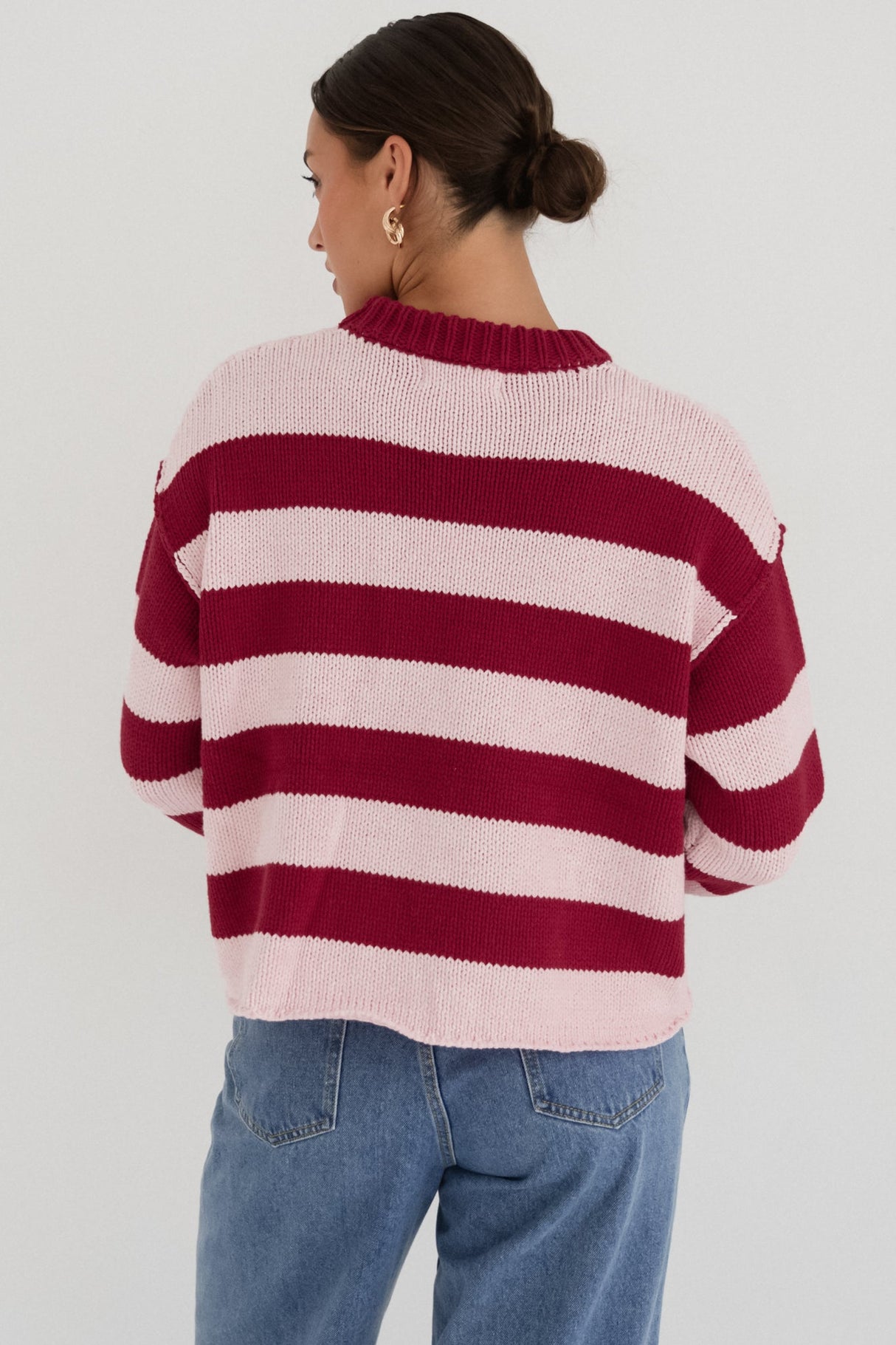 Tania Jumper - Crew Neck Stripe Balloon Sleeve Jumper in Pink/Red