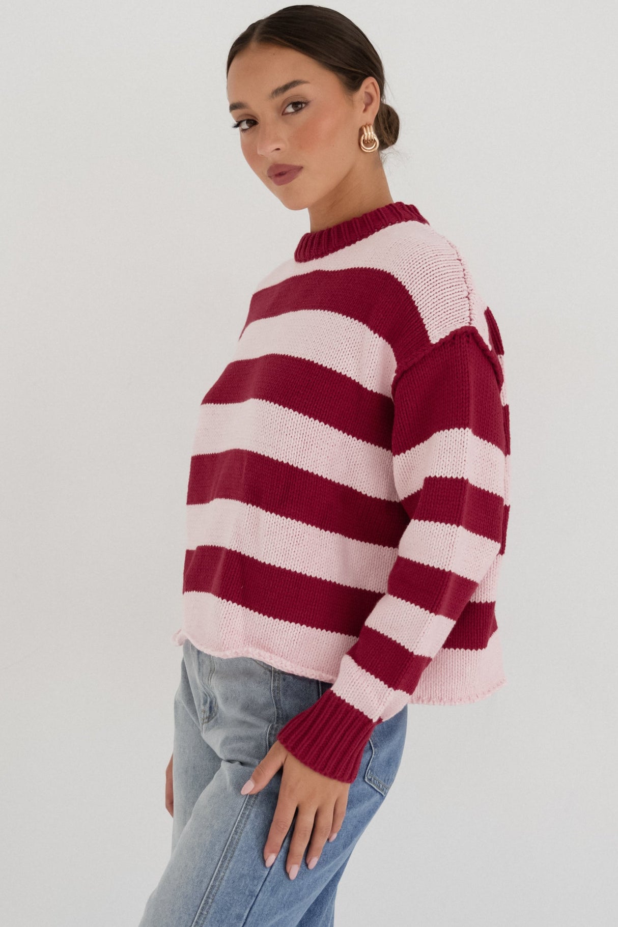Tania Jumper - Crew Neck Stripe Balloon Sleeve Jumper in Pink/Red