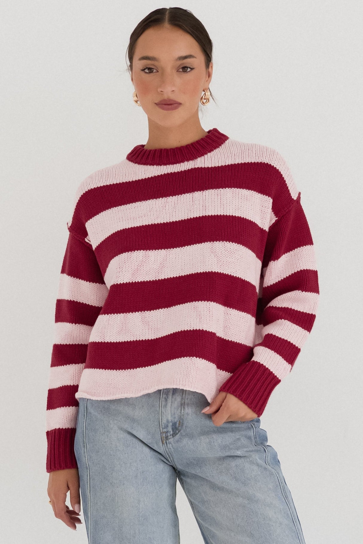 Tania Jumper - Crew Neck Stripe Balloon Sleeve Jumper in Pink/Red