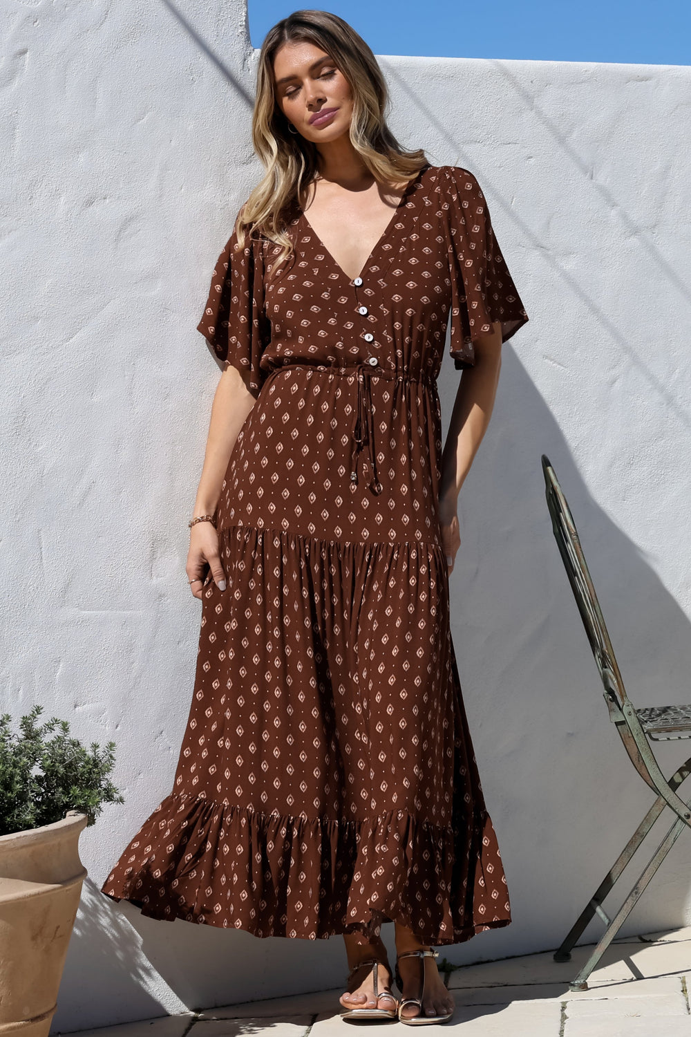 Tassia Maxi Dress - Buttoned Bodice Pull Tie Waist Dress in Kendy Print