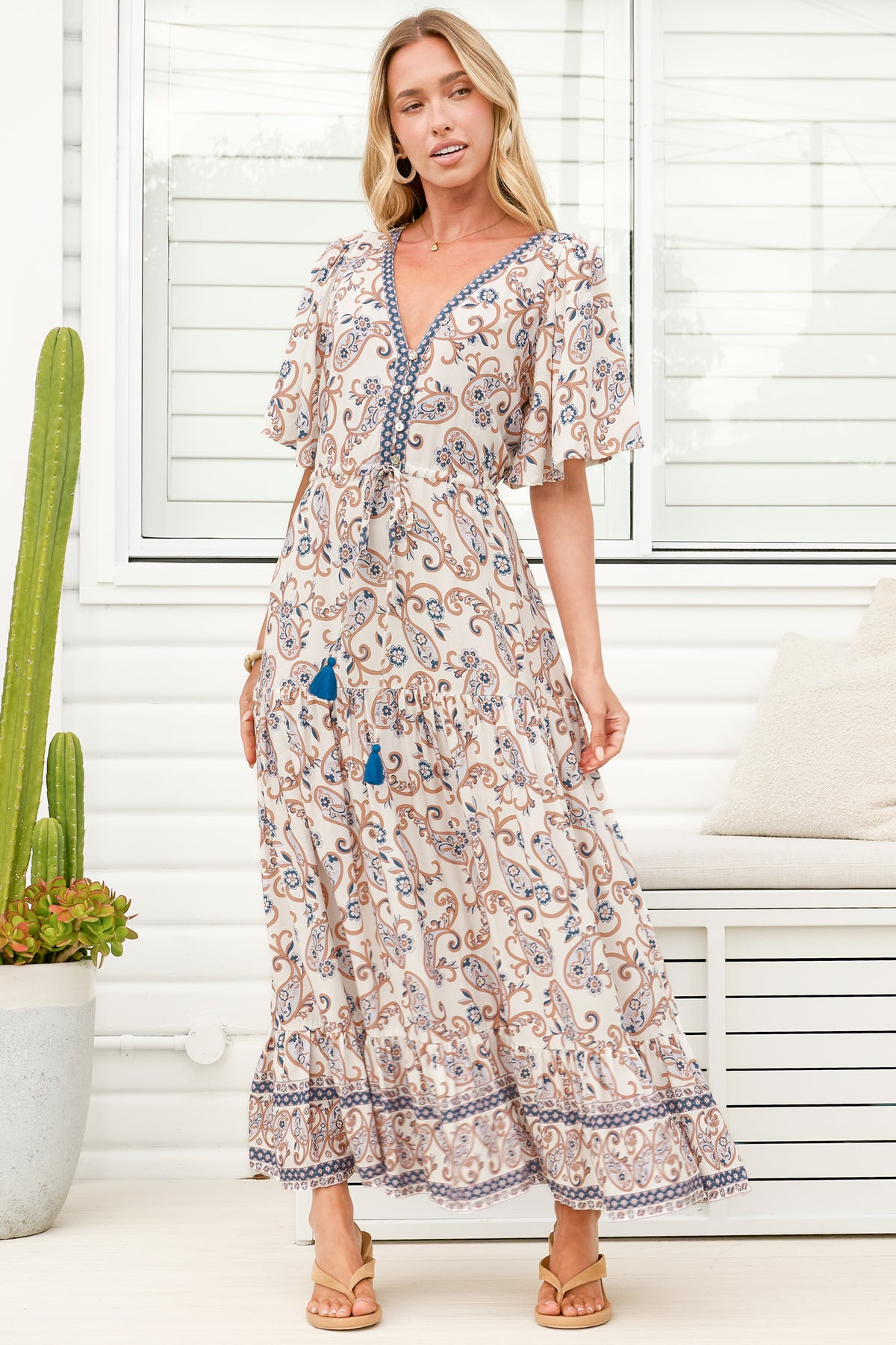 Tassia Maxi Dress - Buttoned Bodice Pull Tie Waist Dress in Soph Print