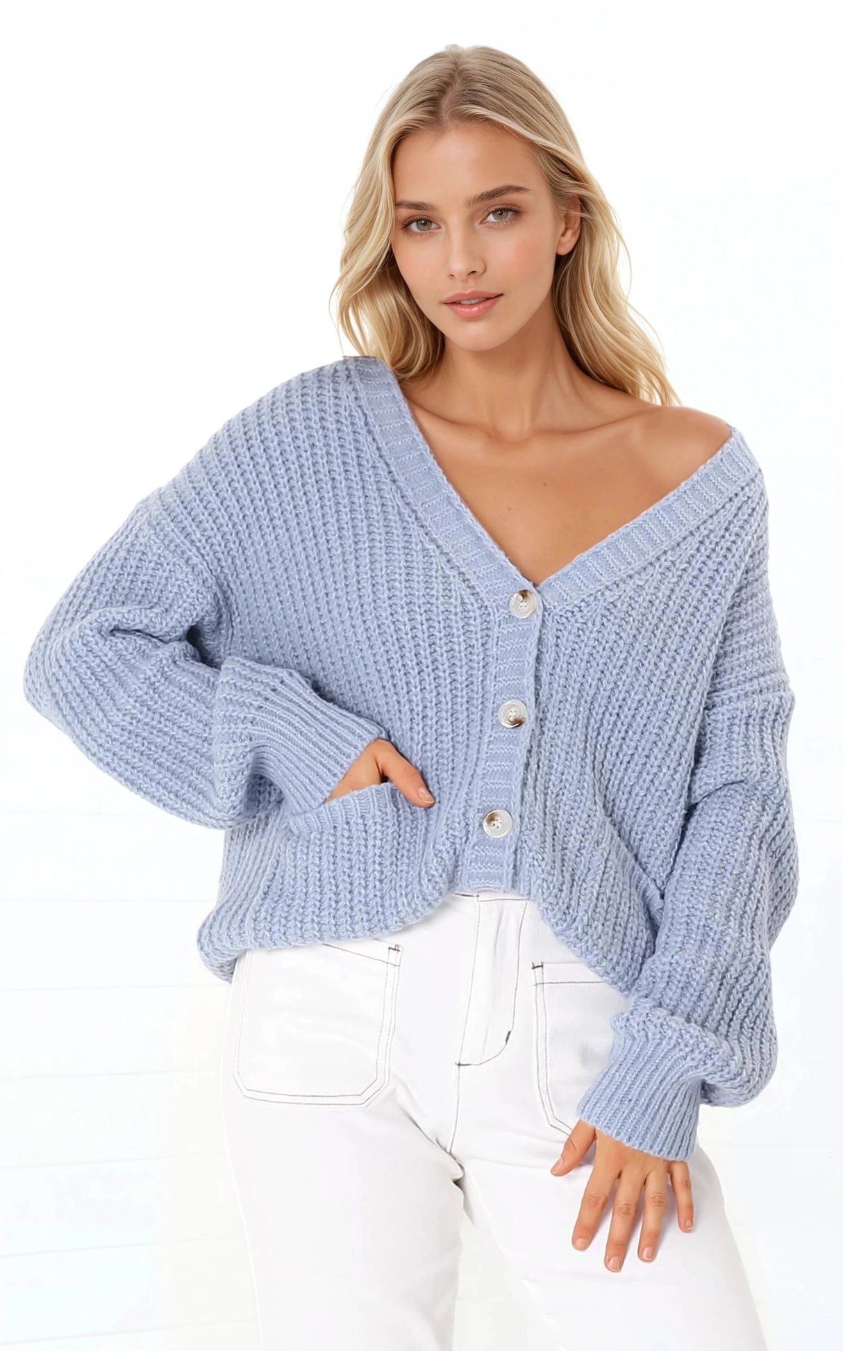 Tatie Cardigan - Open Front Knit Cardigan with Pockets in Blue