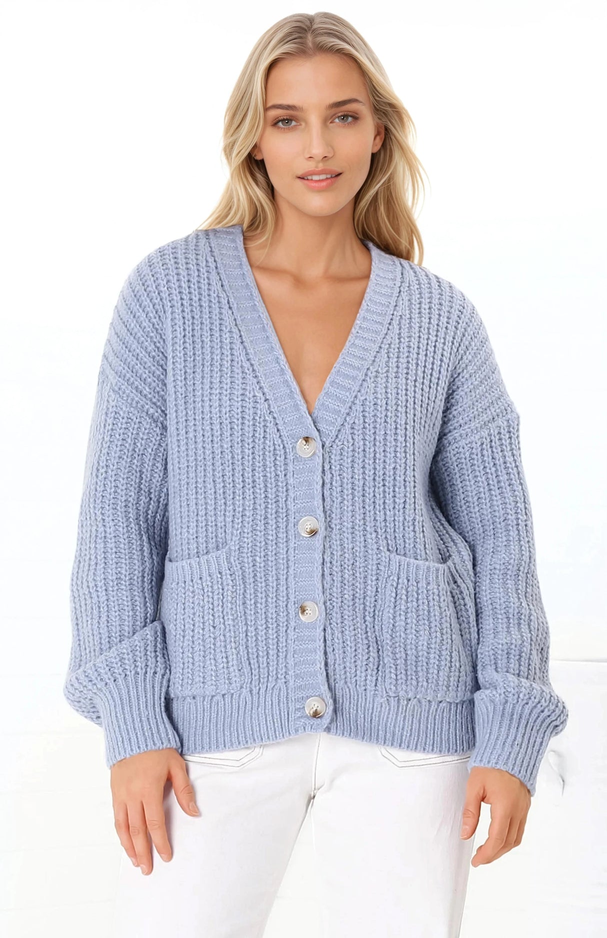 Tatie Cardigan - Open Front Knit Cardigan with Pockets in Blue