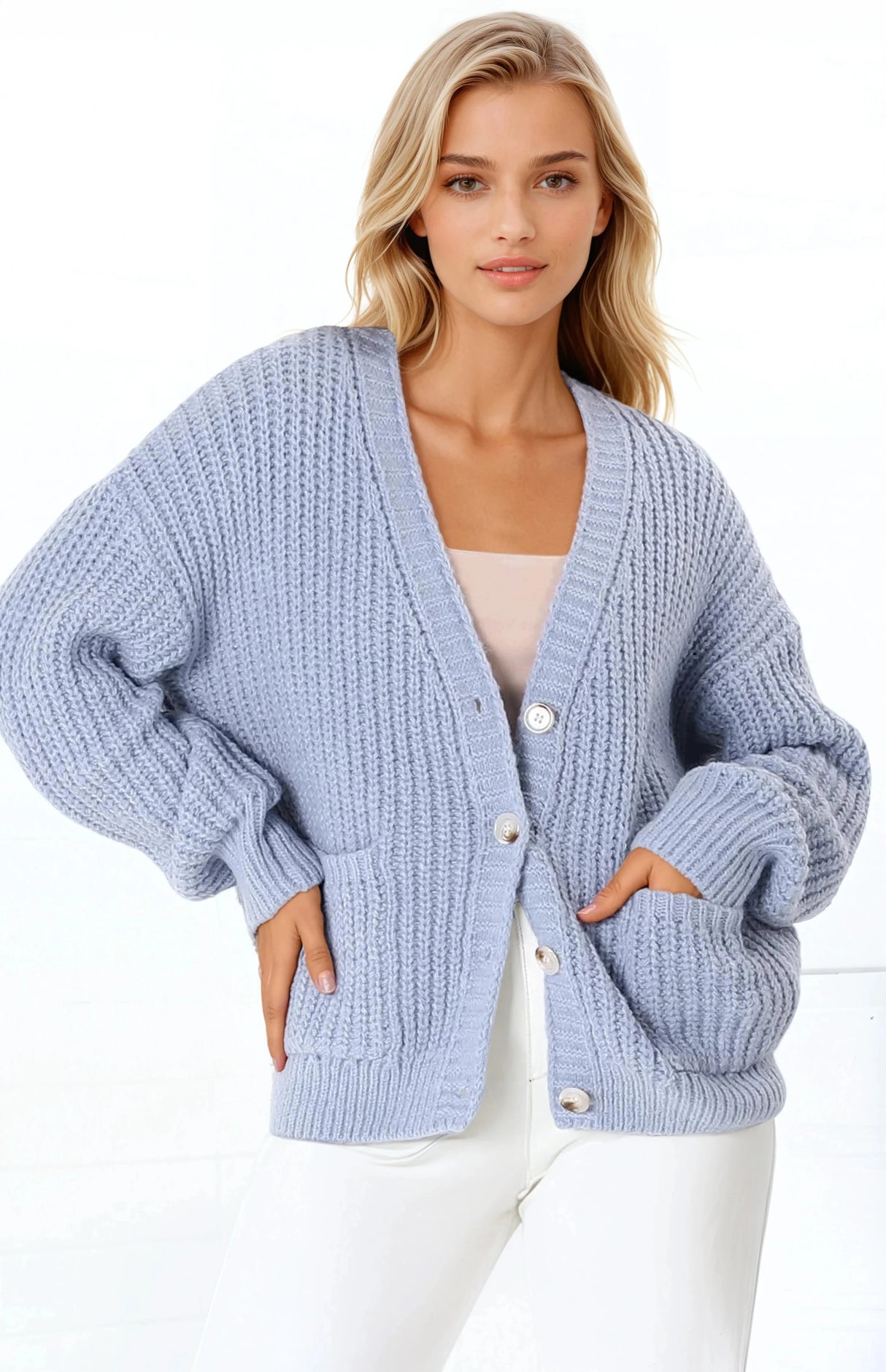 Tatie Cardigan - Open Front Knit Cardigan with Pockets in Blue