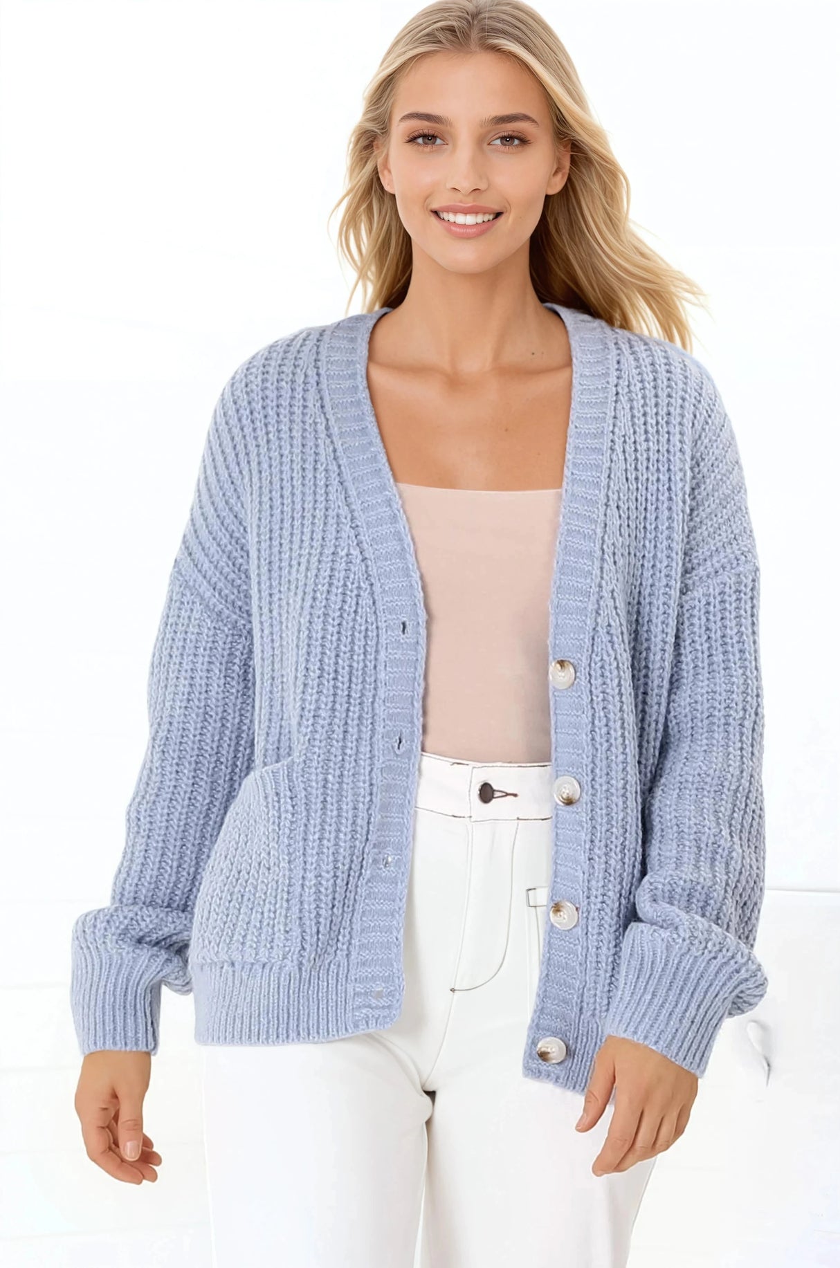 Tatie Cardigan - Open Front Knit Cardigan with Pockets in Blue