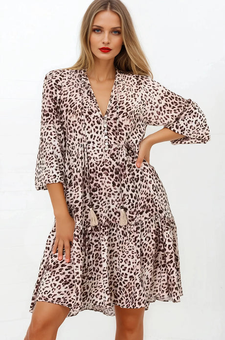 Taylor Mini Dress - Mandarin Collar Balloon Sleeve Smock Dress in Tatum Print