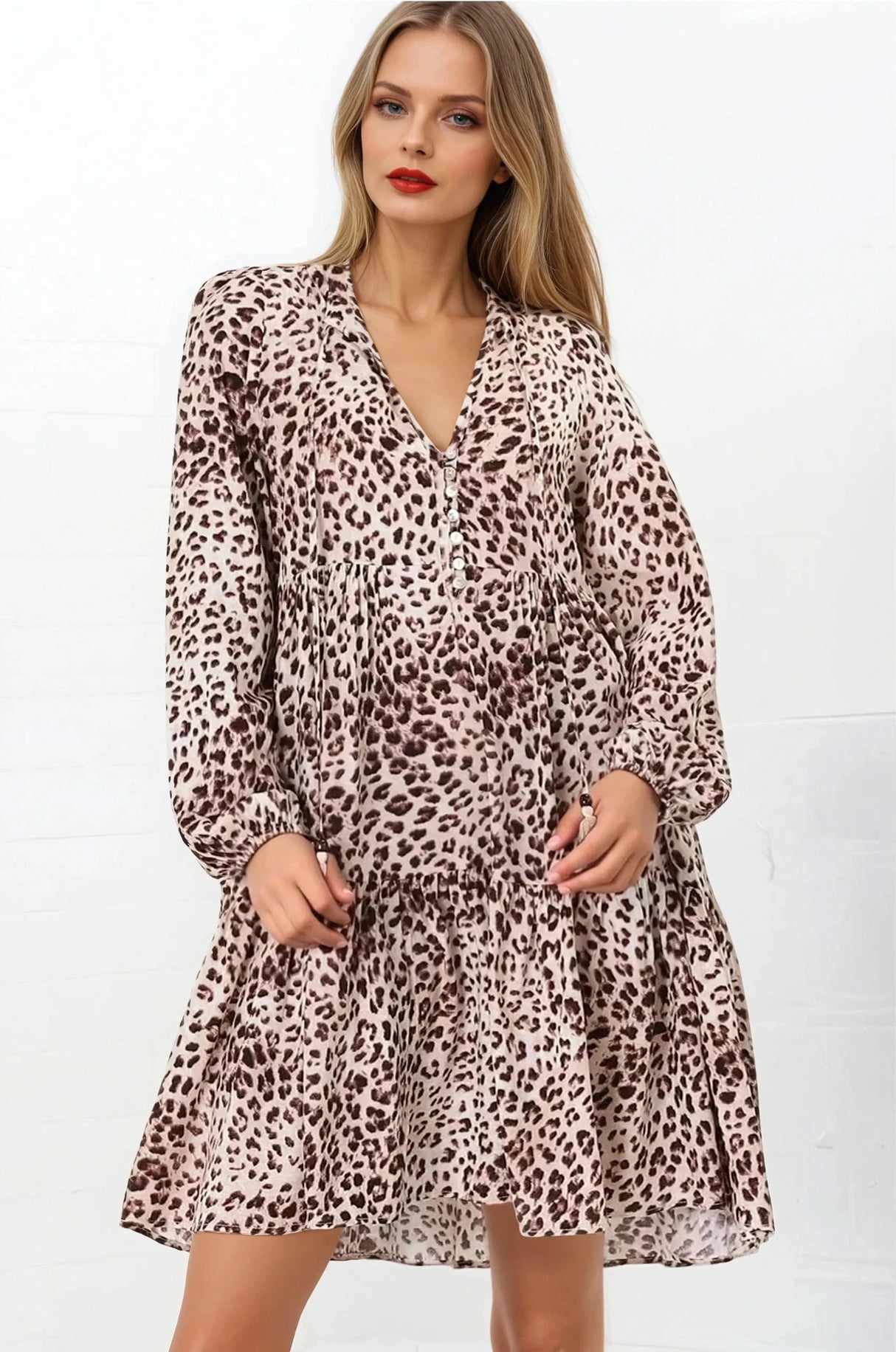Taylor Mini Dress - Mandarin Collar Balloon Sleeve Smock Dress in Tatum Print