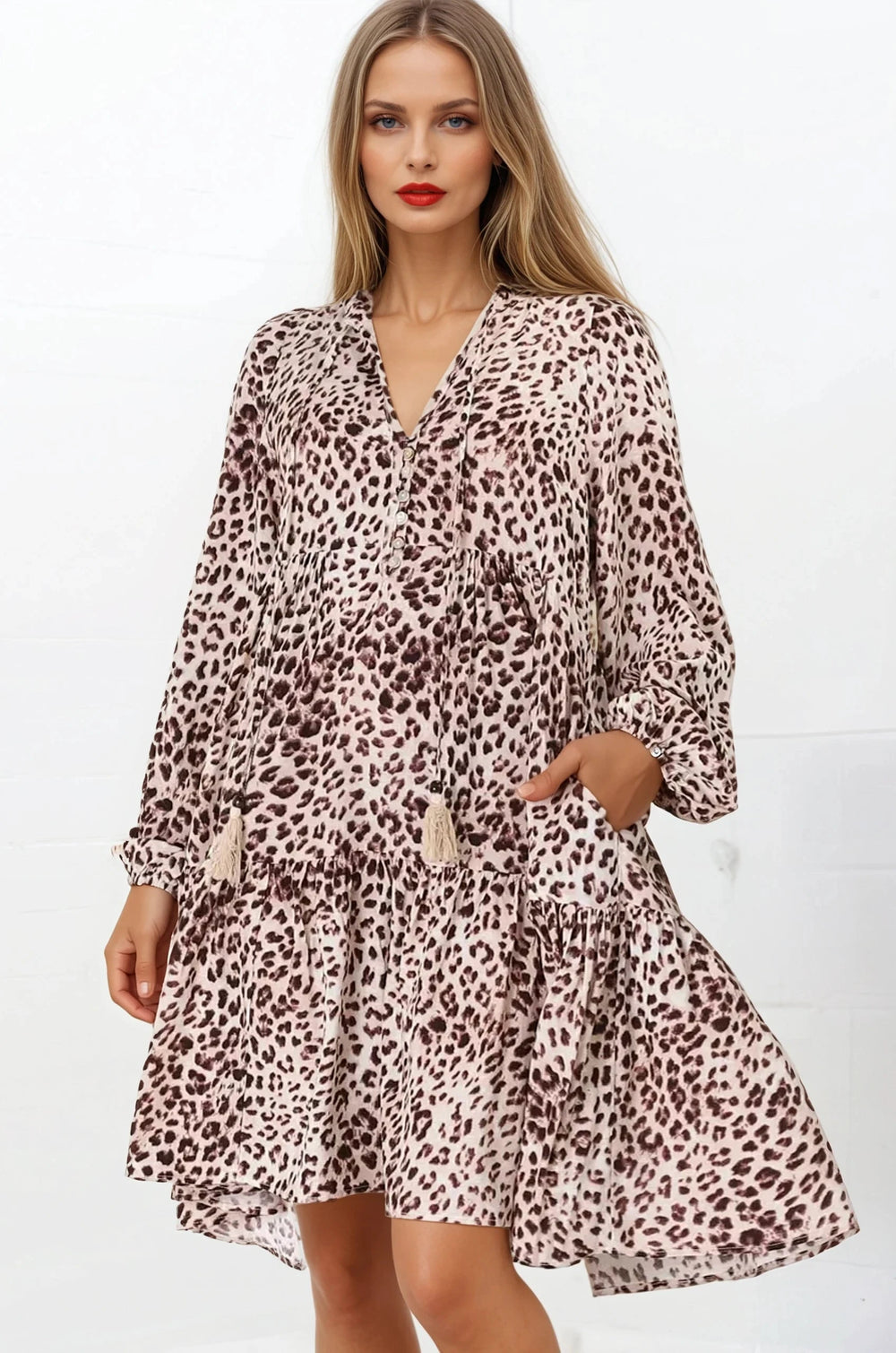 Taylor Mini Dress - Mandarin Collar Balloon Sleeve Smock Dress in Tatum Print
