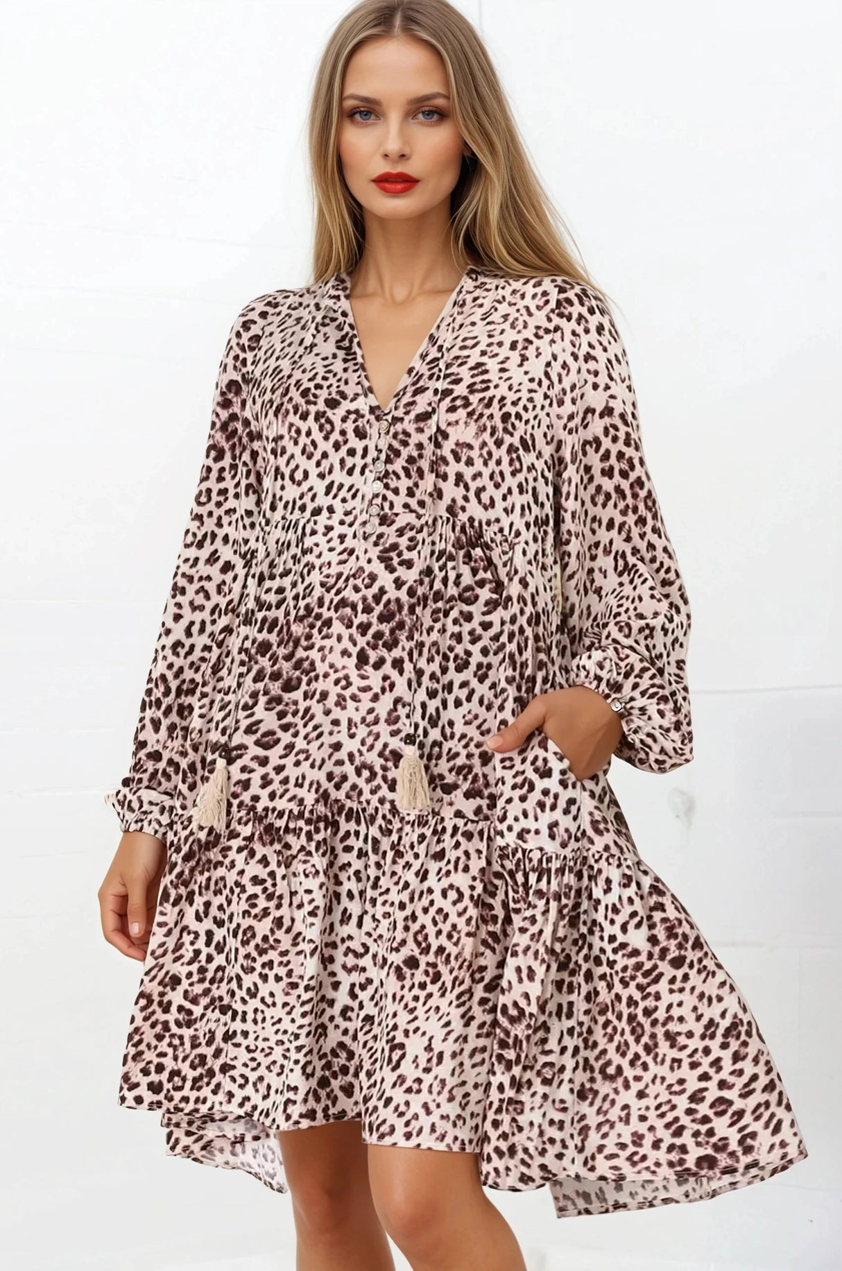 Taylor Mini Dress - Mandarin Collar Balloon Sleeve Smock Dress in Tatum Print