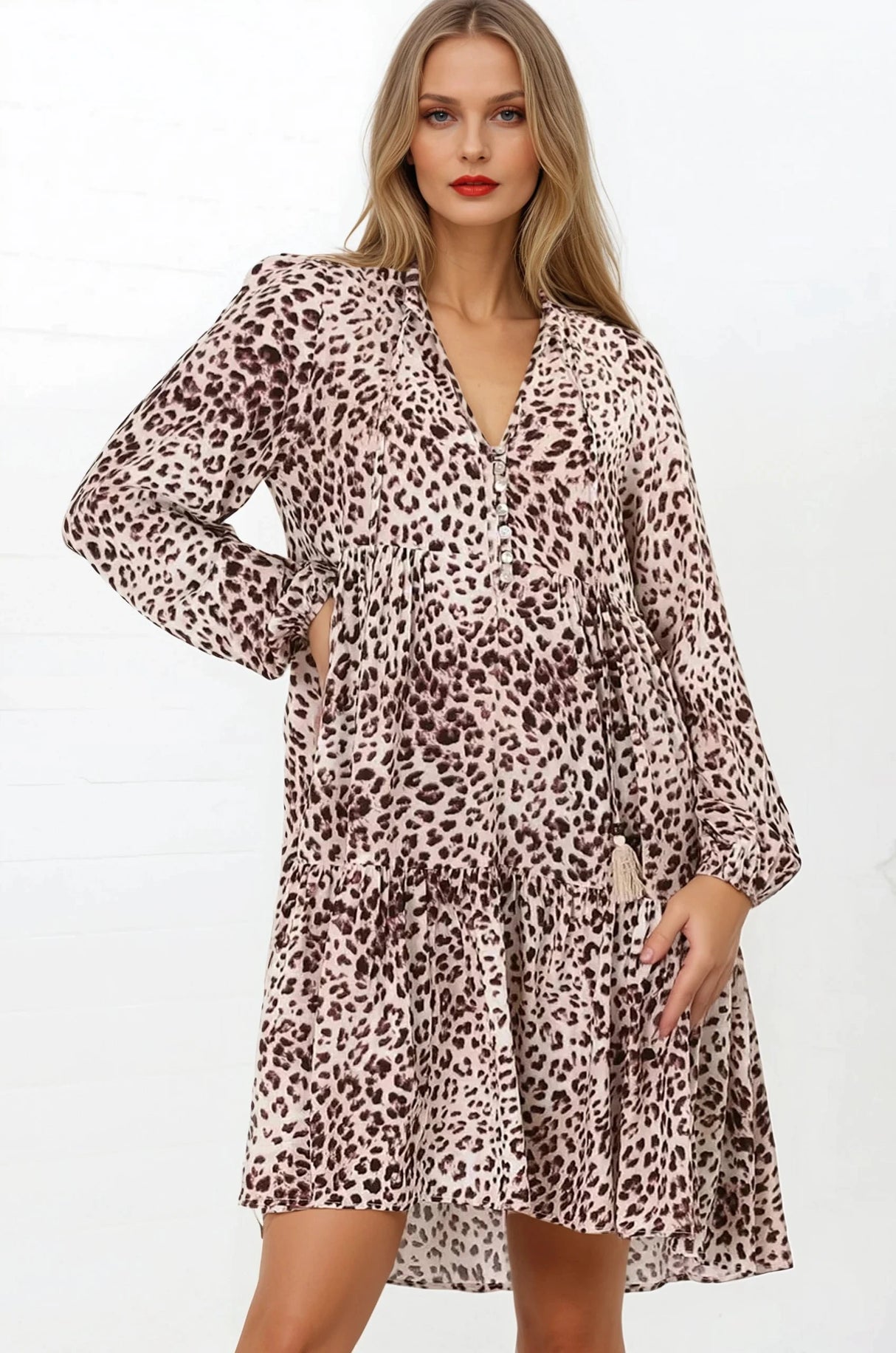 Taylor Mini Dress - Mandarin Collar Balloon Sleeve Smock Dress in Tatum Print