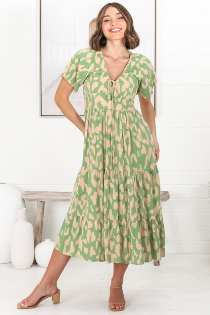 Tea Midi Dress - Pull In V Neckline Dress with Cap Sleeves in Rina Print Lime