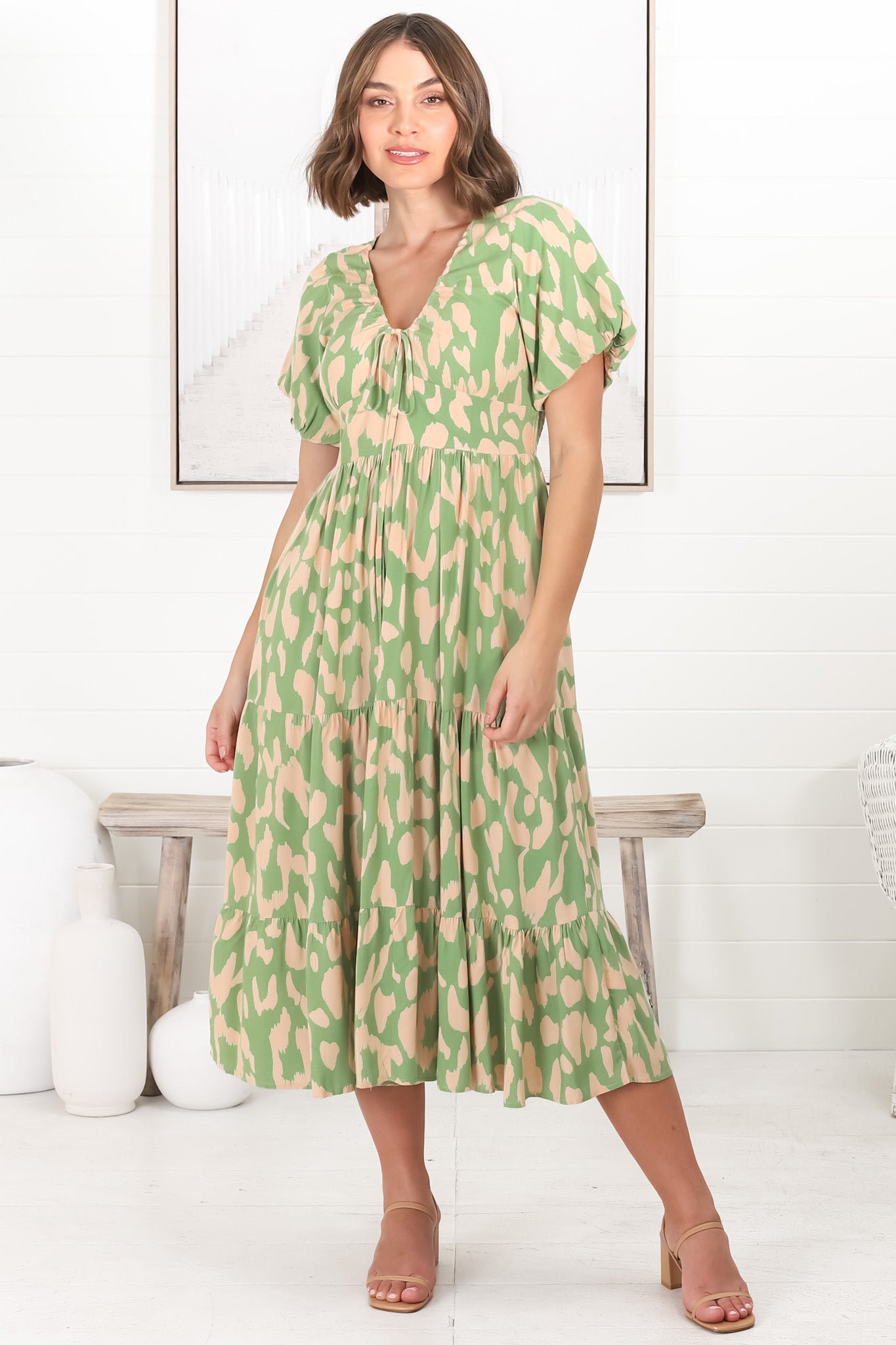 Tea Midi Dress - Pull In V Neckline Dress with Cap Sleeves in Rina Print Lime