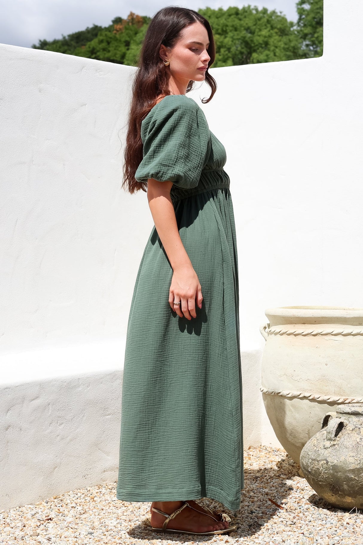 Teddie Maxi Dress - On or Off Shoulder Gathered Waist A-Line Dress in Emerald