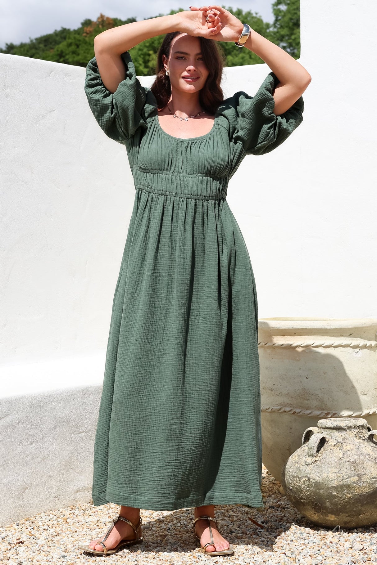 Teddie Maxi Dress - On or Off Shoulder Gathered Waist A-Line Dress in Emerald