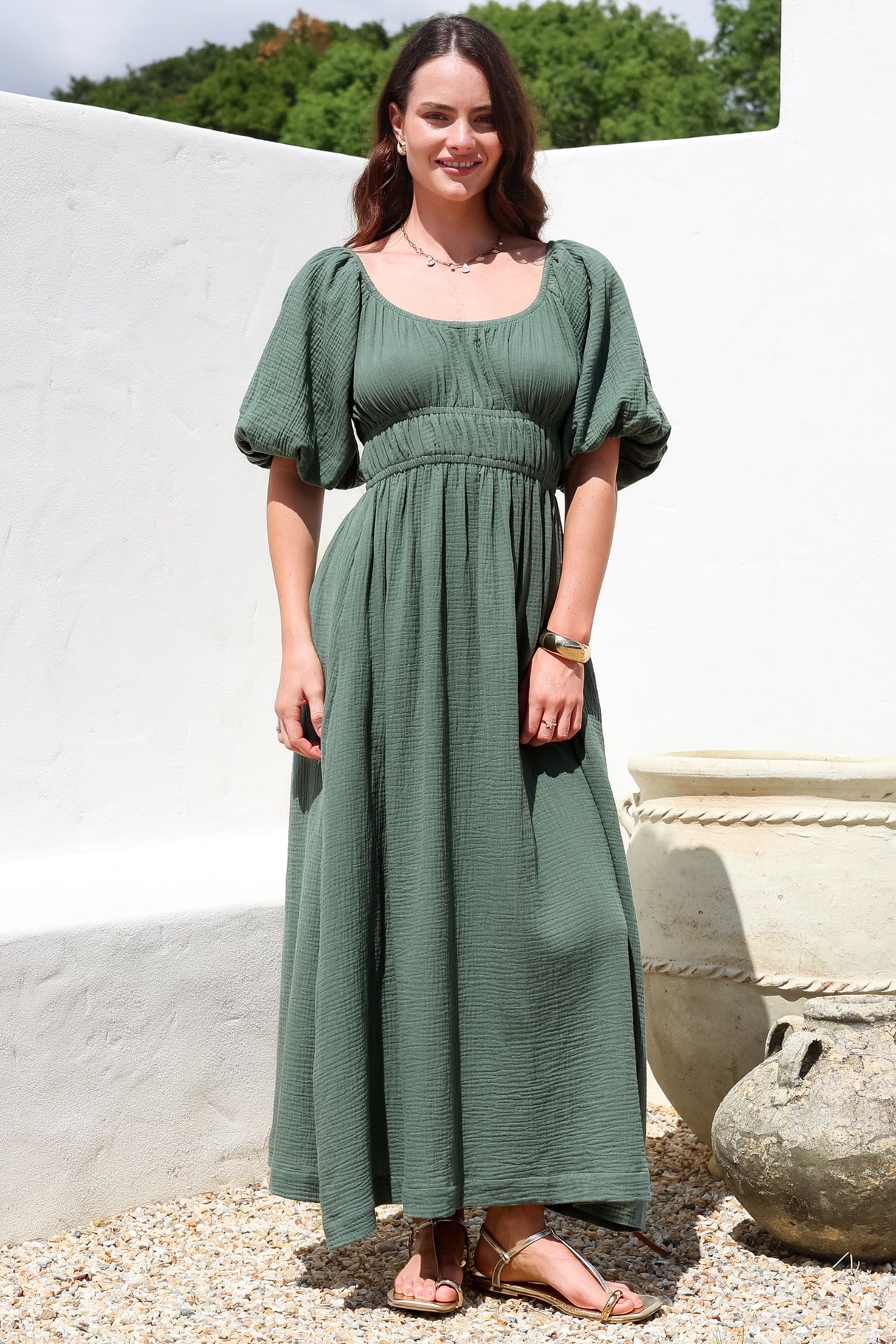 Teddie Maxi Dress - On or Off Shoulder Gathered Waist A-Line Dress in Emerald