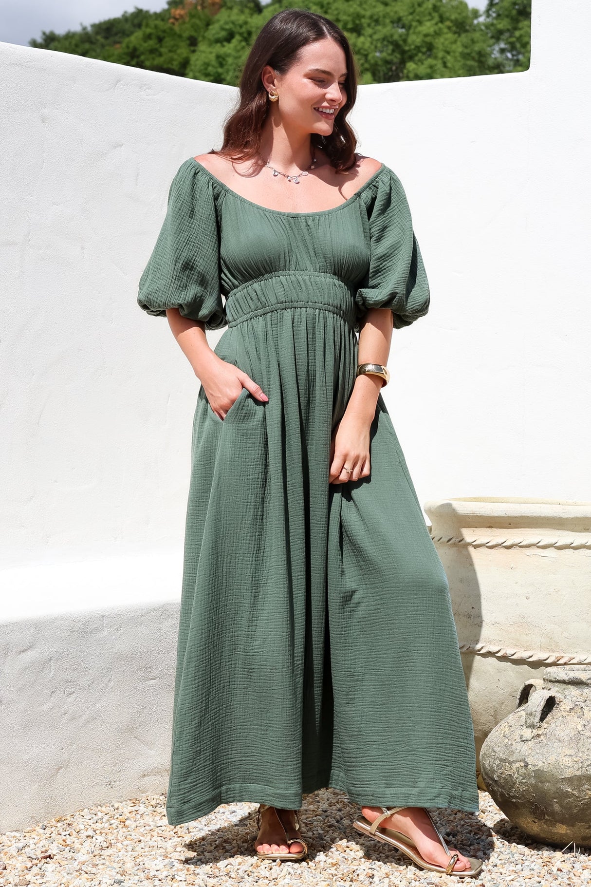 Teddie Maxi Dress - On or Off Shoulder Gathered Waist A-Line Dress in Emerald