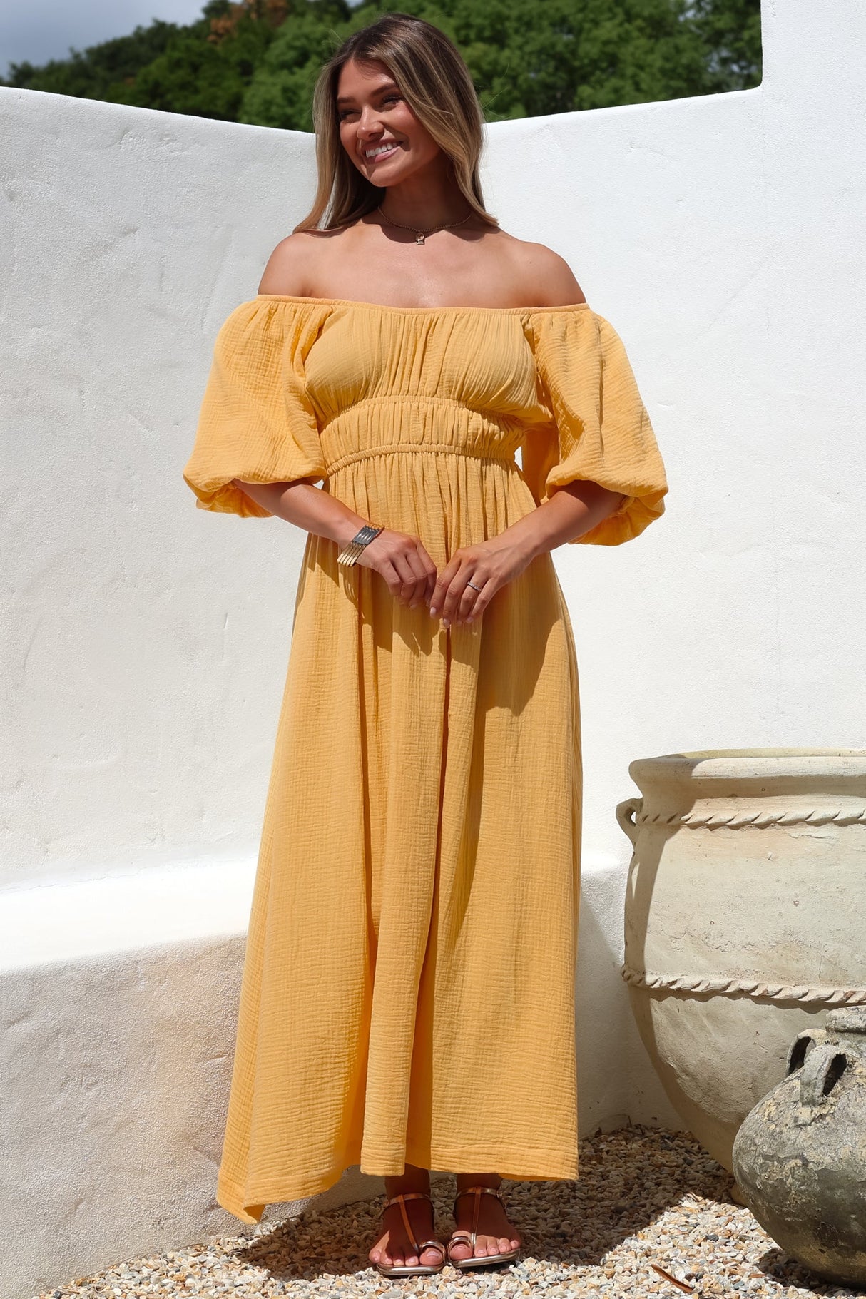 Teddie Maxi Dress - On or Off Shoulder Gathered Waist A-Line Dress in Mustard