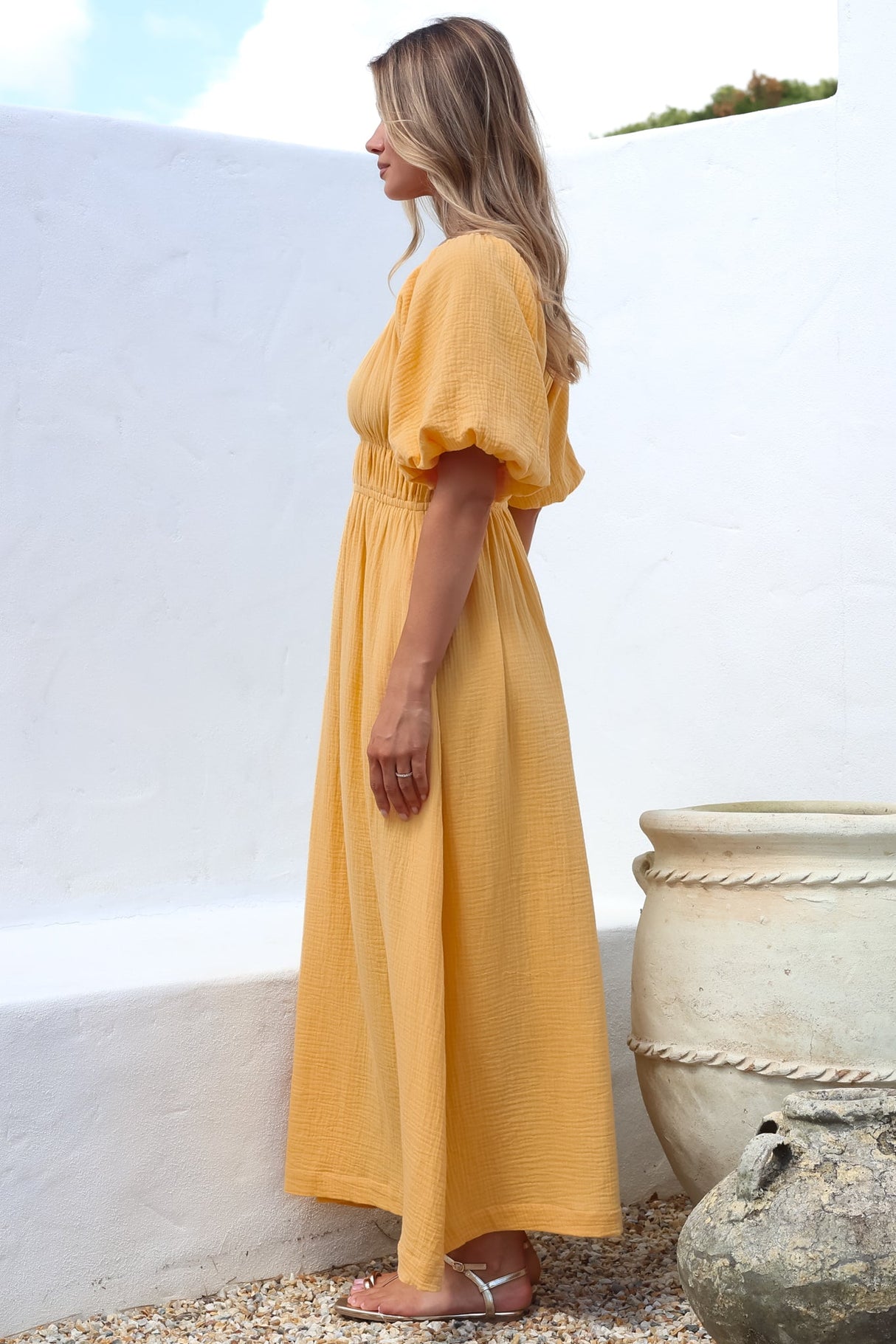 Teddie Maxi Dress - On or Off Shoulder Gathered Waist A-Line Dress in Mustard