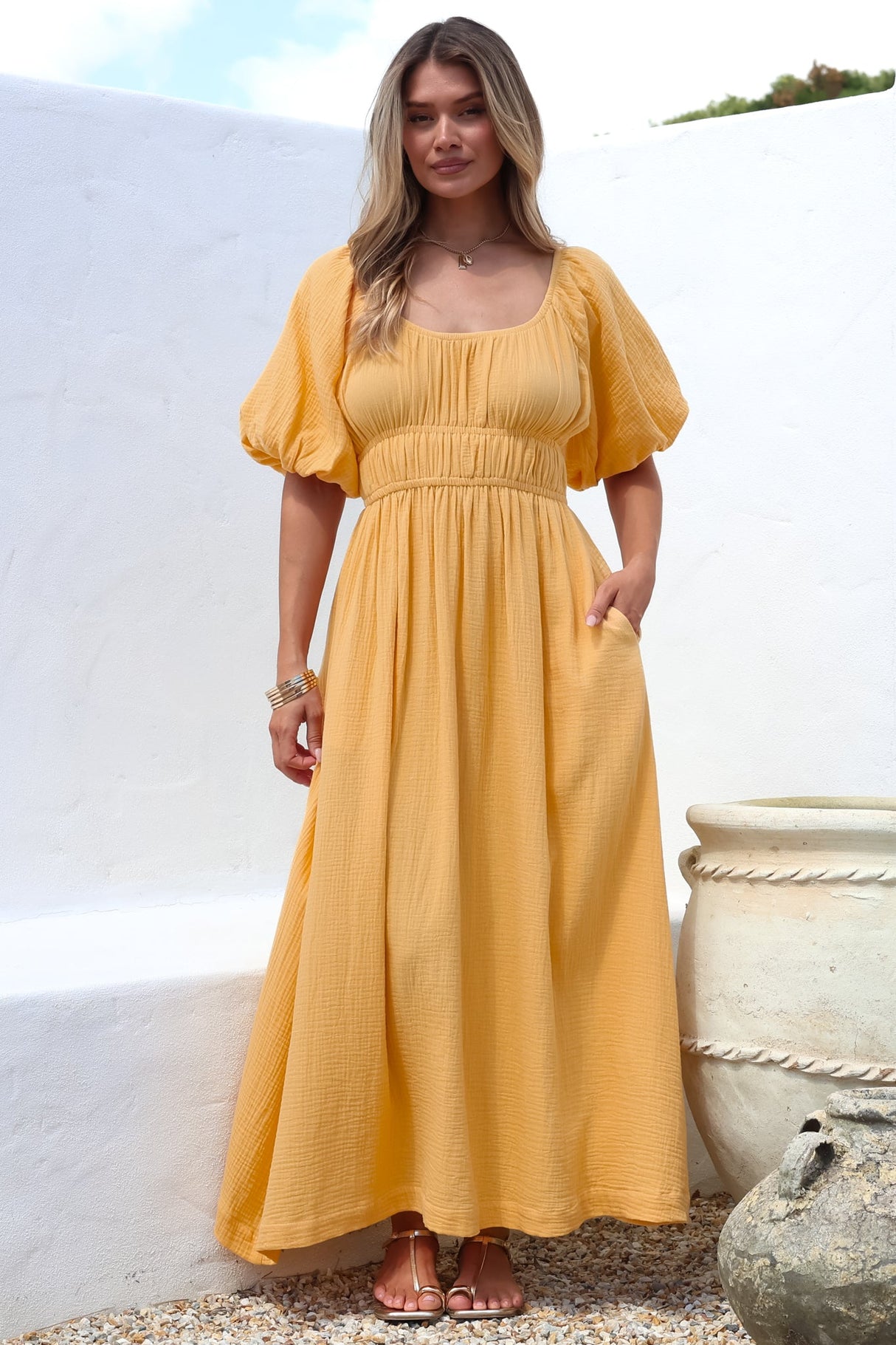 Teddie Maxi Dress - On or Off Shoulder Gathered Waist A-Line Dress in Mustard