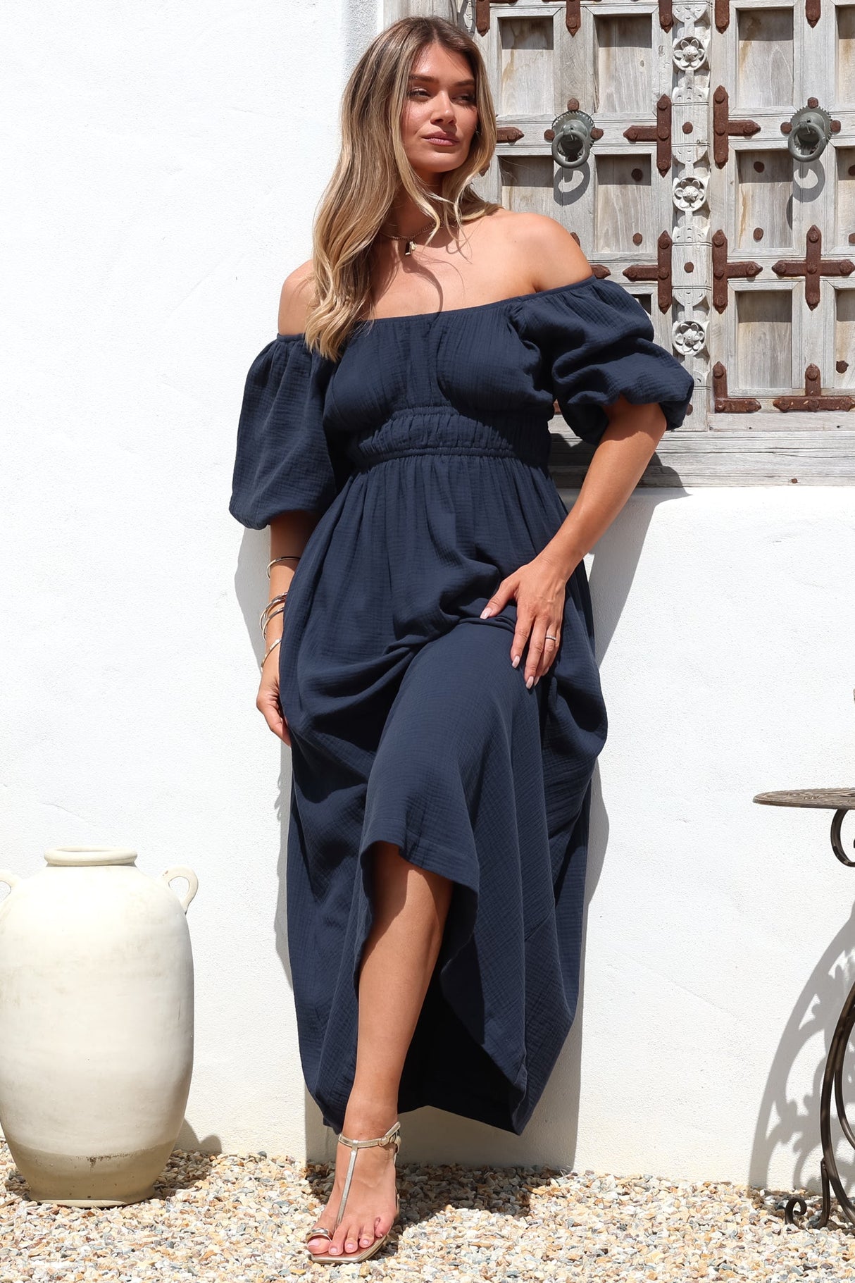 Teddie Maxi Dress - On or Off Shoulder Gathered Waist A-Line Dress in Navy