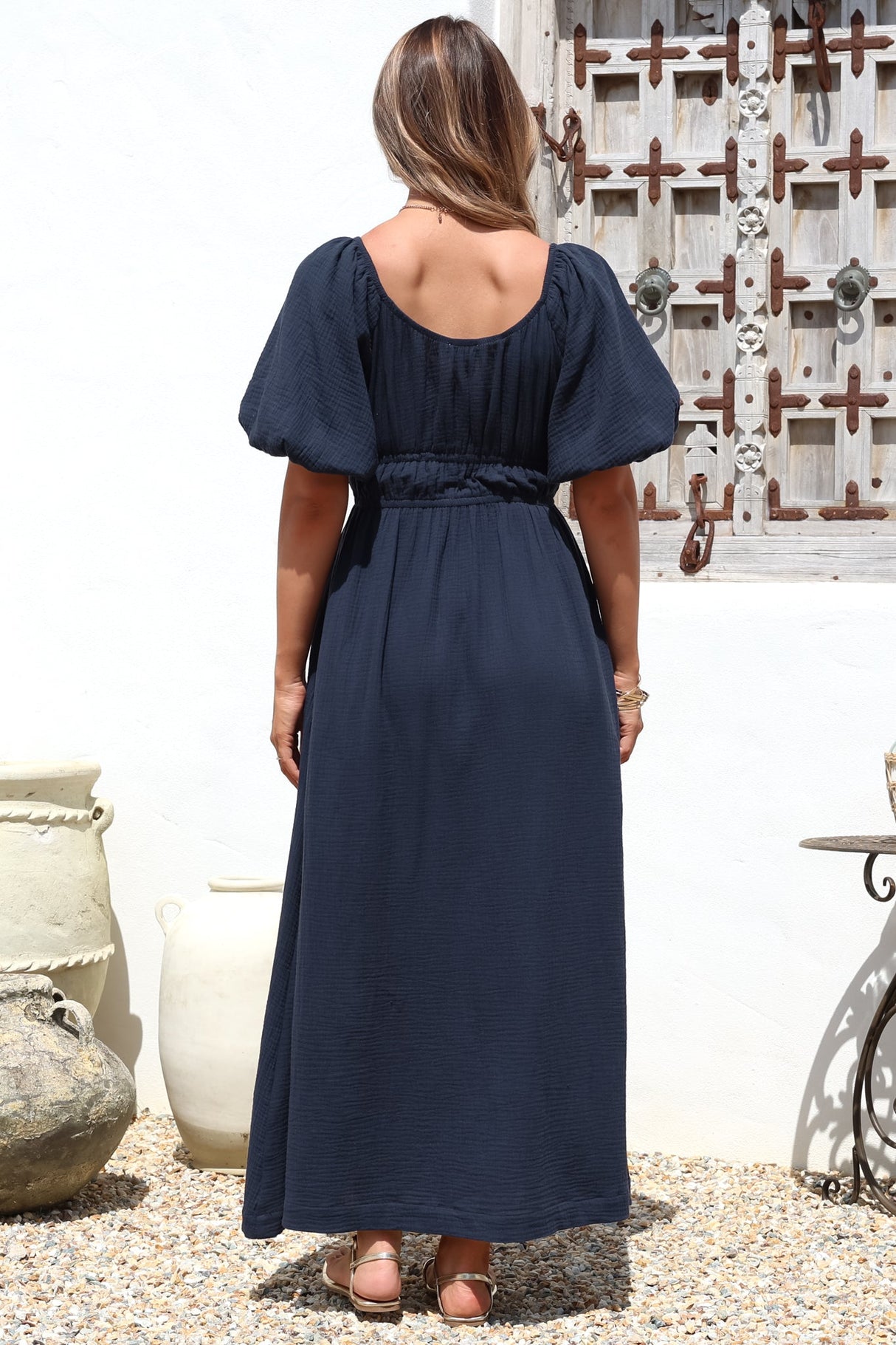 Teddie Maxi Dress - On or Off Shoulder Gathered Waist A-Line Dress in Navy