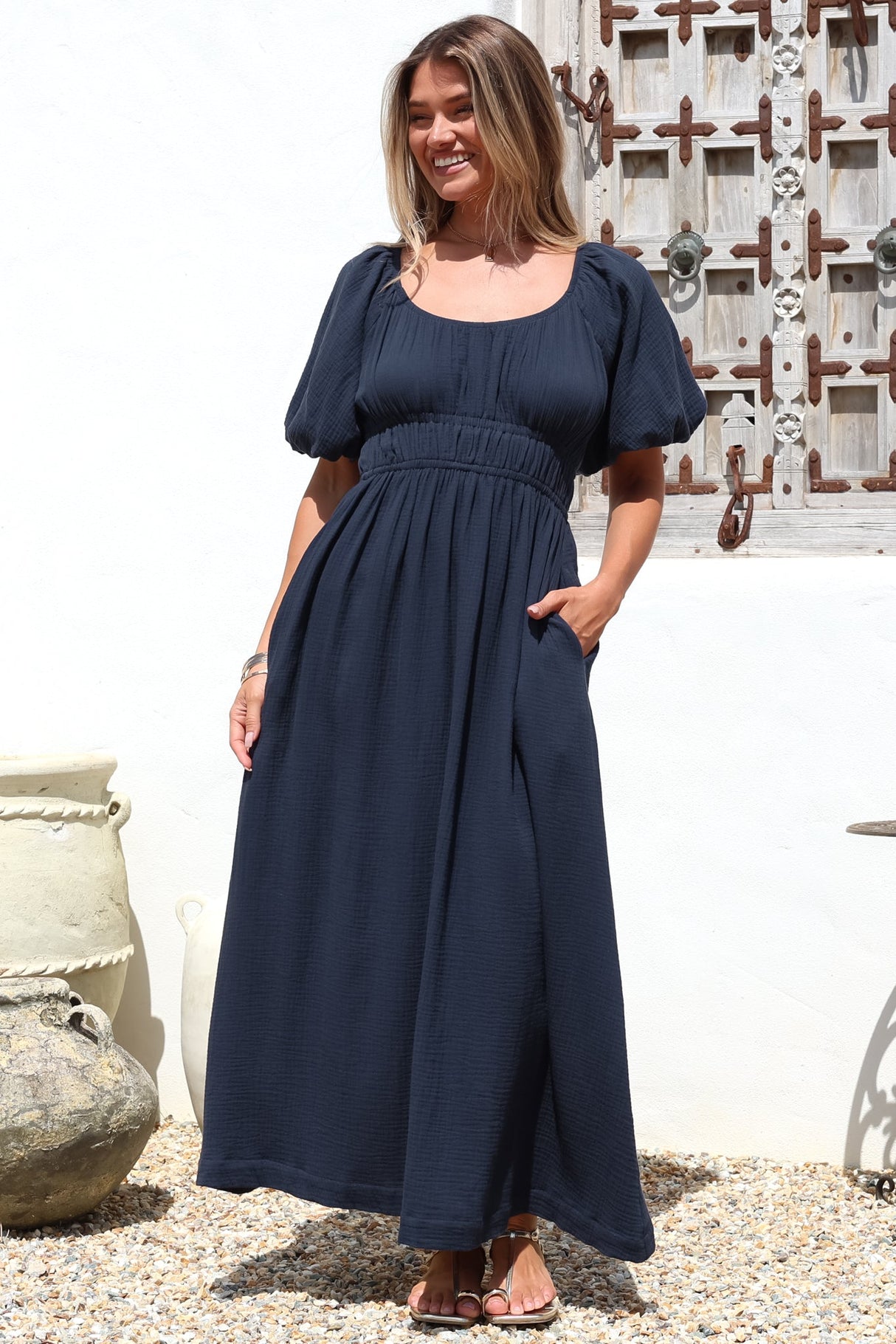 Teddie Maxi Dress - On or Off Shoulder Gathered Waist A-Line Dress in Navy