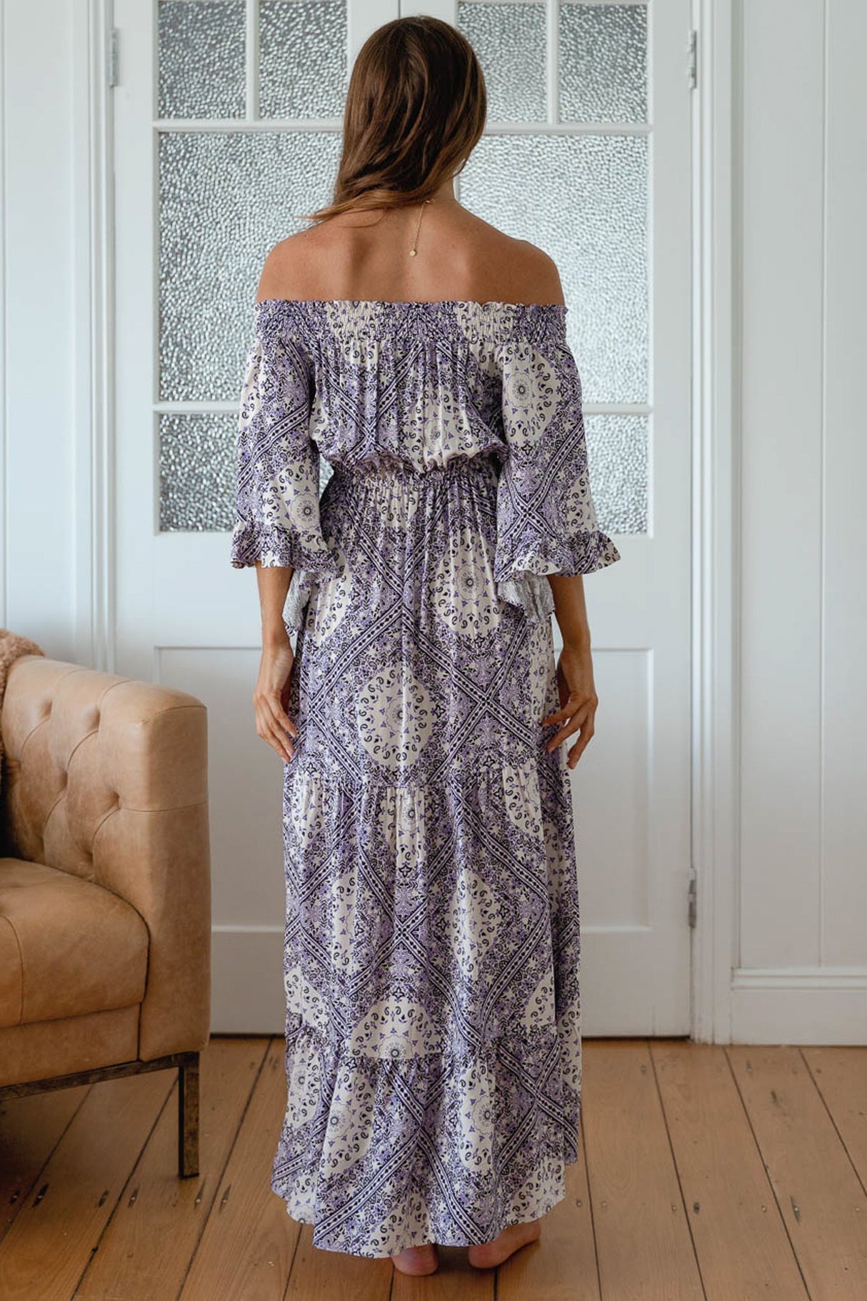 Teegan Maxi Dress - Off Shoulder Scarf Sleeve Maxi Dress in Lilac Lullaby Print