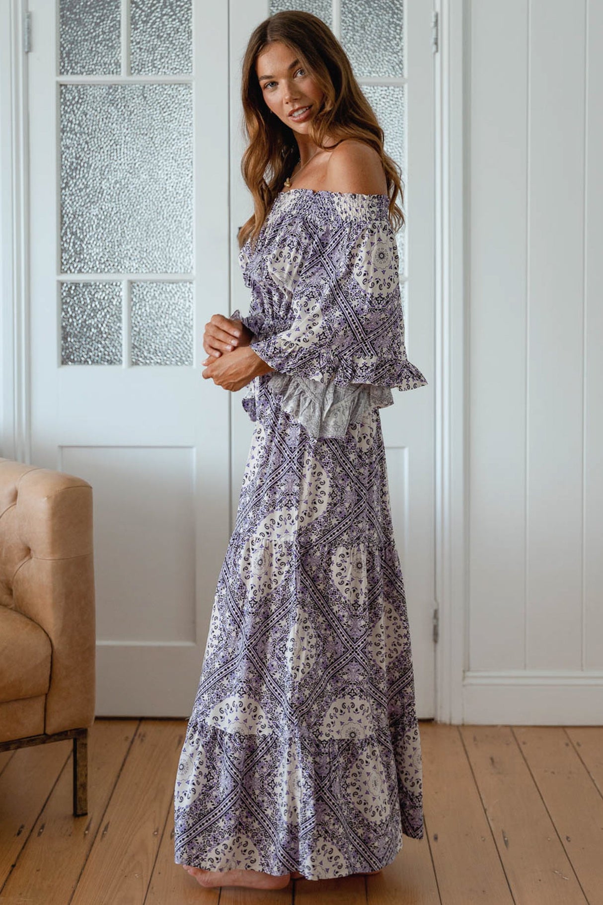 Teegan Maxi Dress - Off Shoulder Scarf Sleeve Maxi Dress in Lilac Lullaby Print