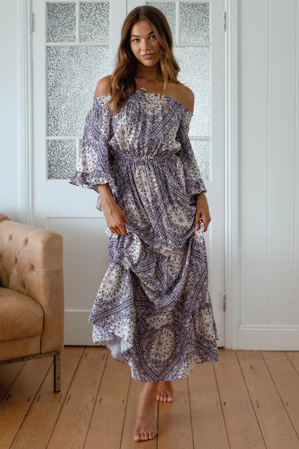 Teegan Maxi Dress - Off Shoulder Scarf Sleeve Maxi Dress in Lilac Lullaby Print